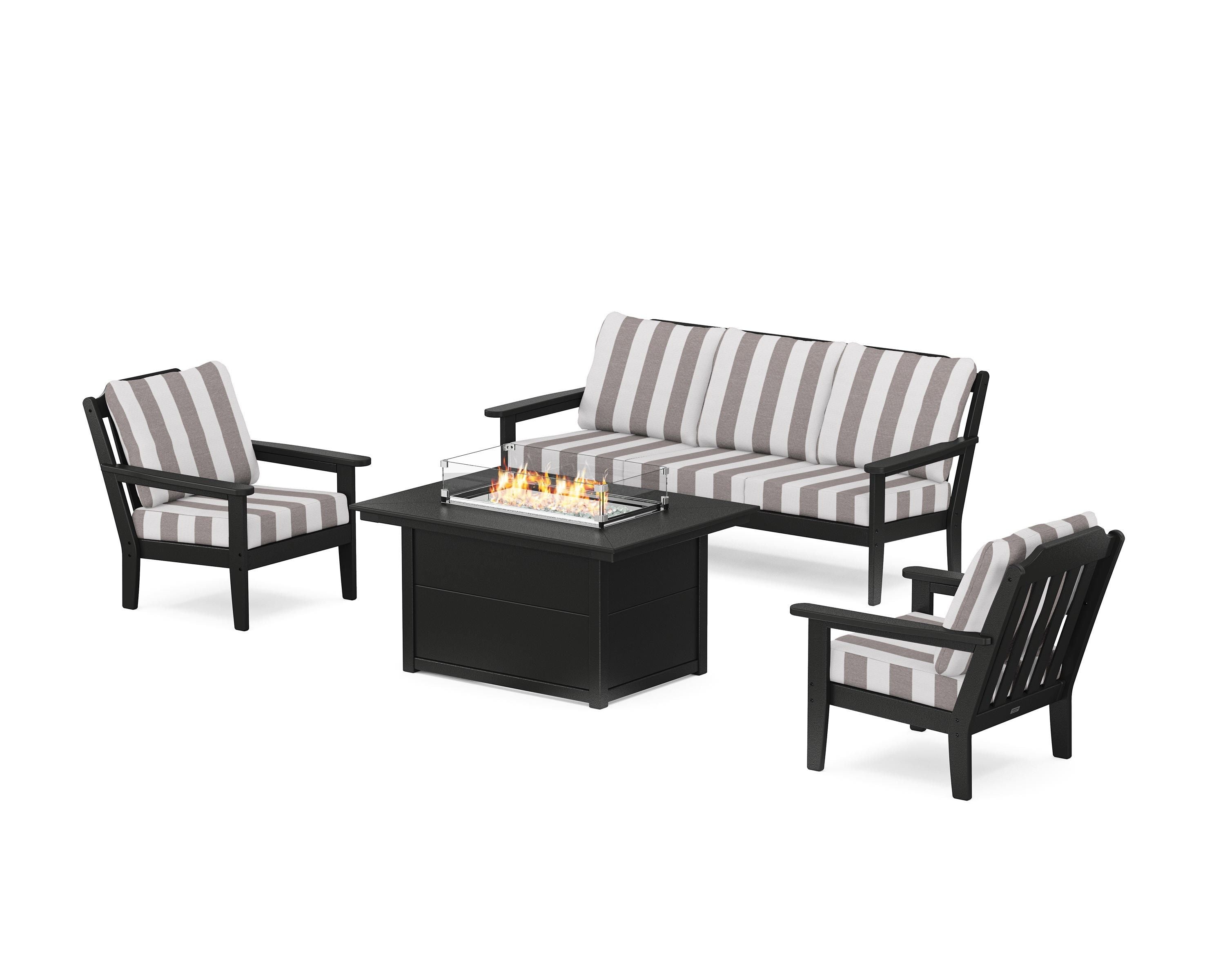 Country Living Cottage Deep Seating Fire Pit Table Set in Black / Cabana Stripe Grey Mist