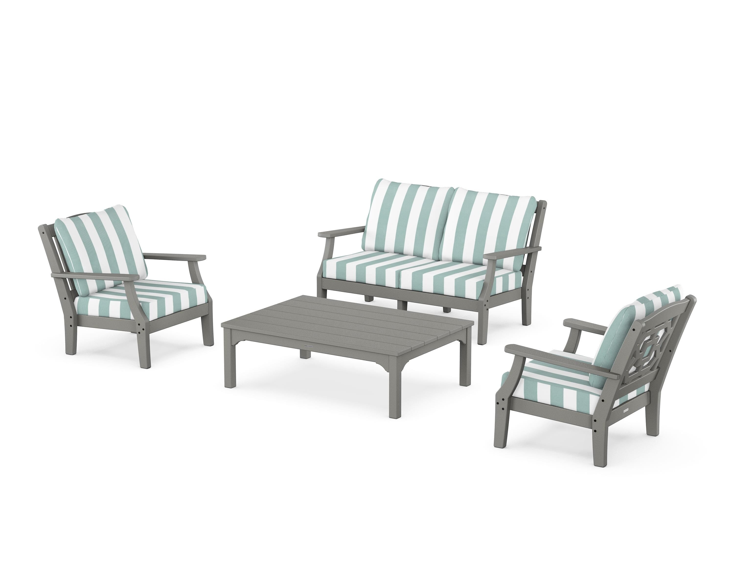 Martha Stewart by POLYWOOD® Chinoiserie 4-Piece Deep Seating Set with Loveseat in Slate Grey / Cabana Stripe Glacier Spa