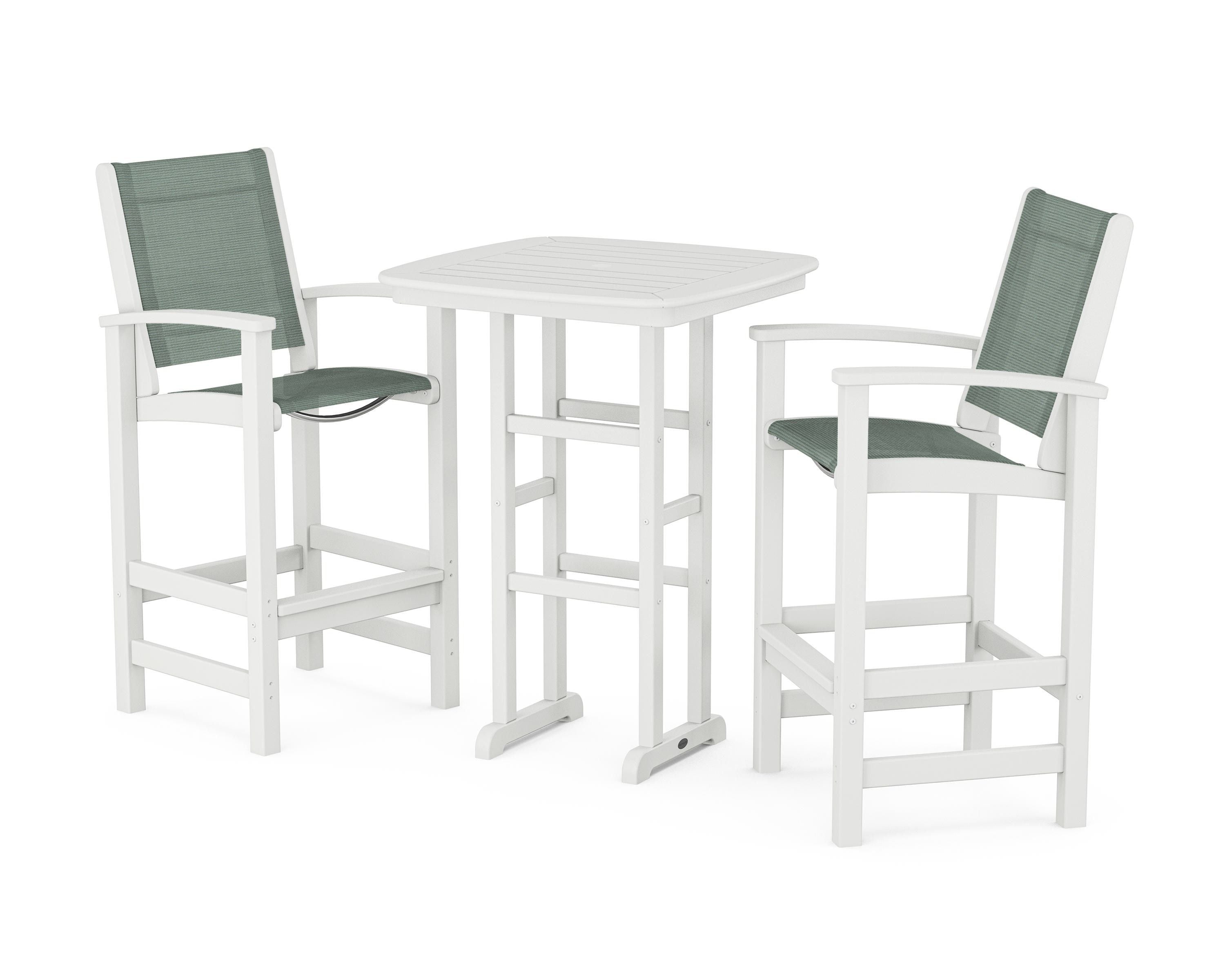 POLYWOOD® Coastal 3-Piece Bar Set in White / Dupioni Sea Mist Sling