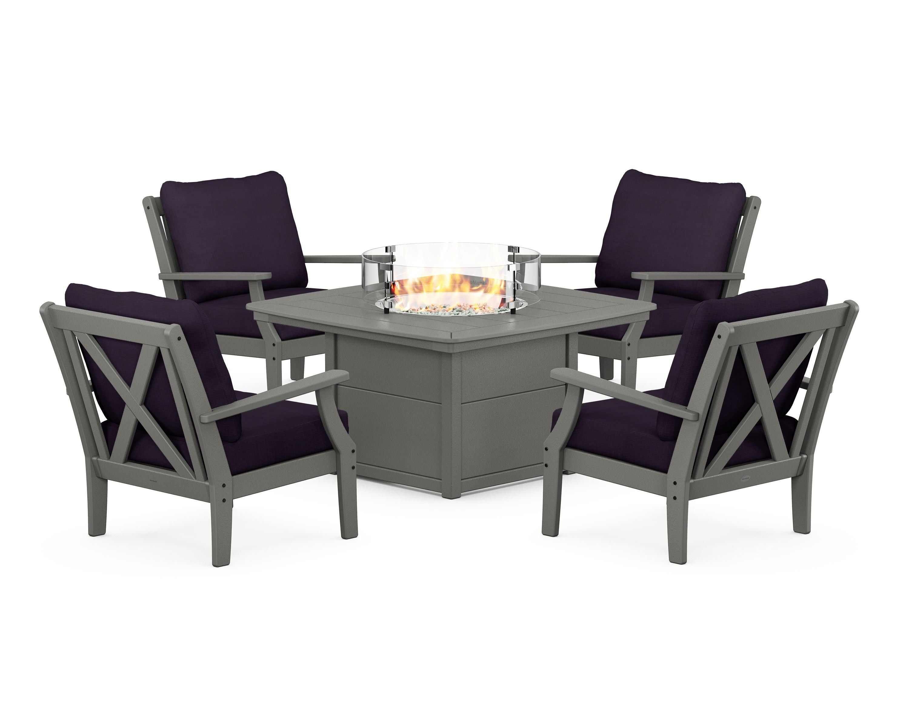 POLYWOOD® Braxton 5-Piece Deep Seating Conversation Set with Fire Pit Table in Slate Grey / Navy Linen