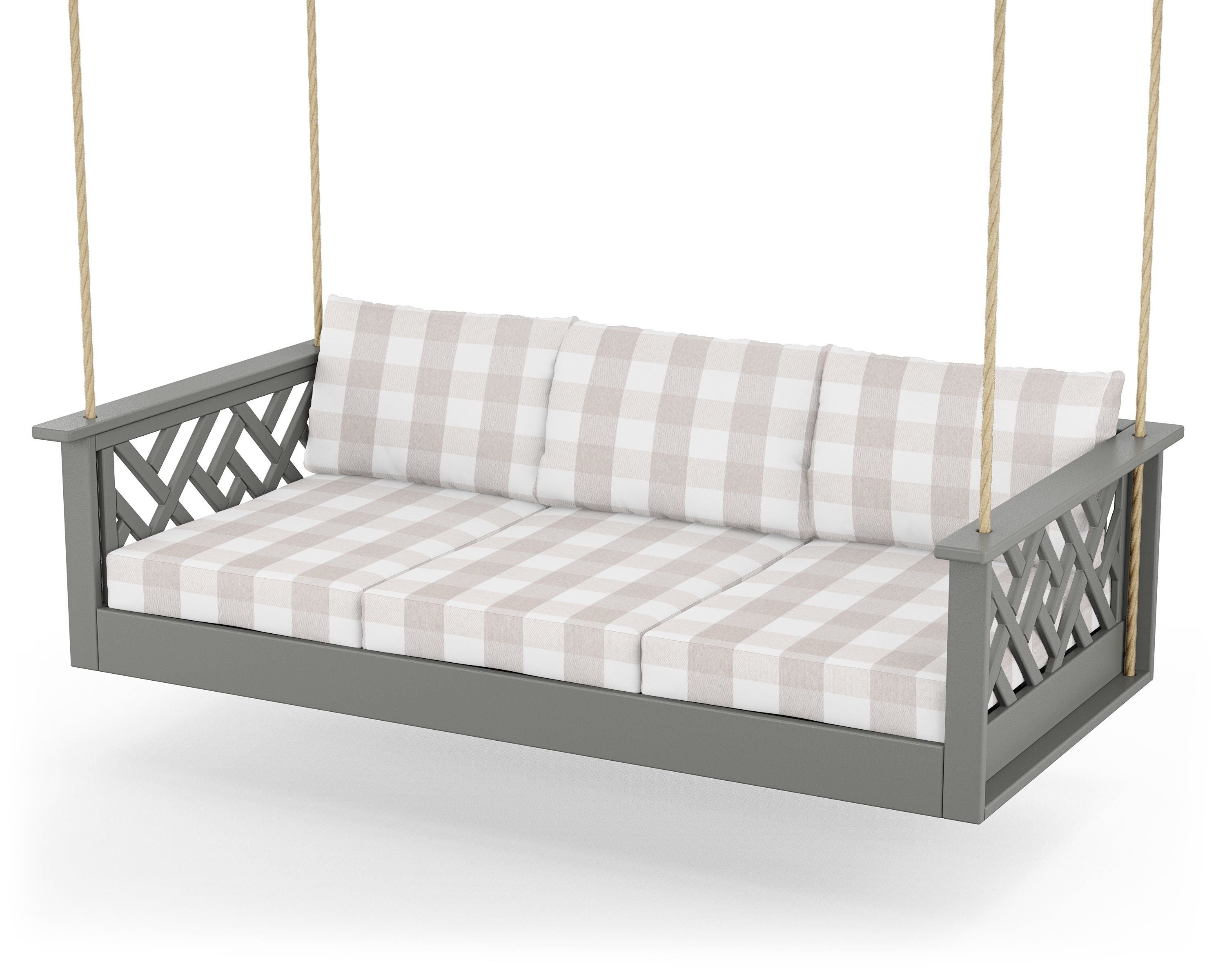 POLYWOOD® Chippendale Daybed Swing in Slate Grey / Buffalo Plaid Dune Burlap