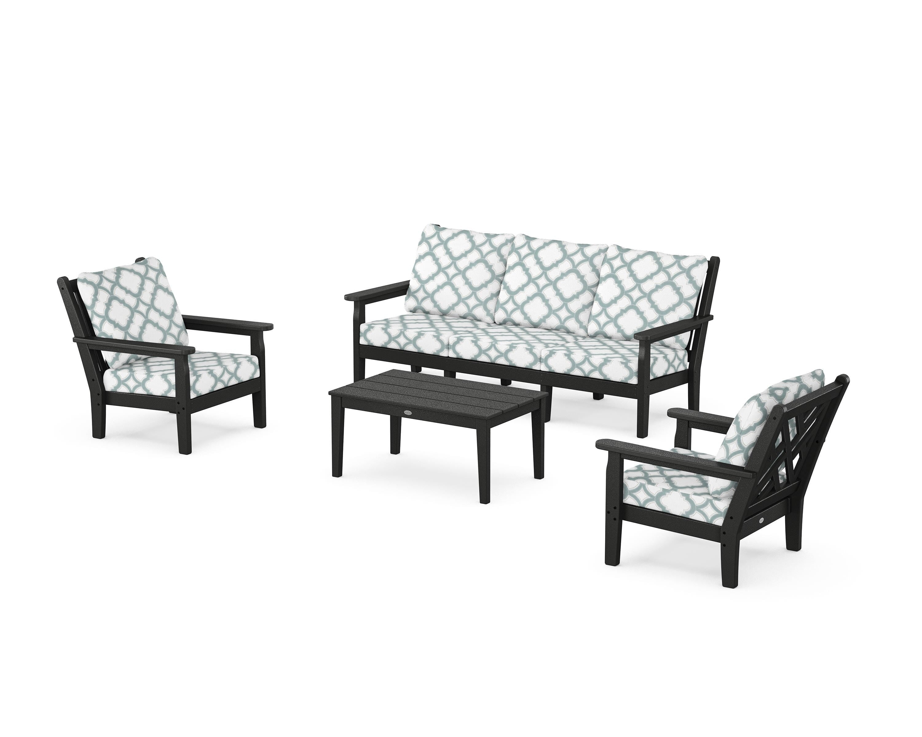 POLYWOOD® Chippendale 4-Piece Deep Seating Set with Sofa in Black / Trellis Glacier Spa