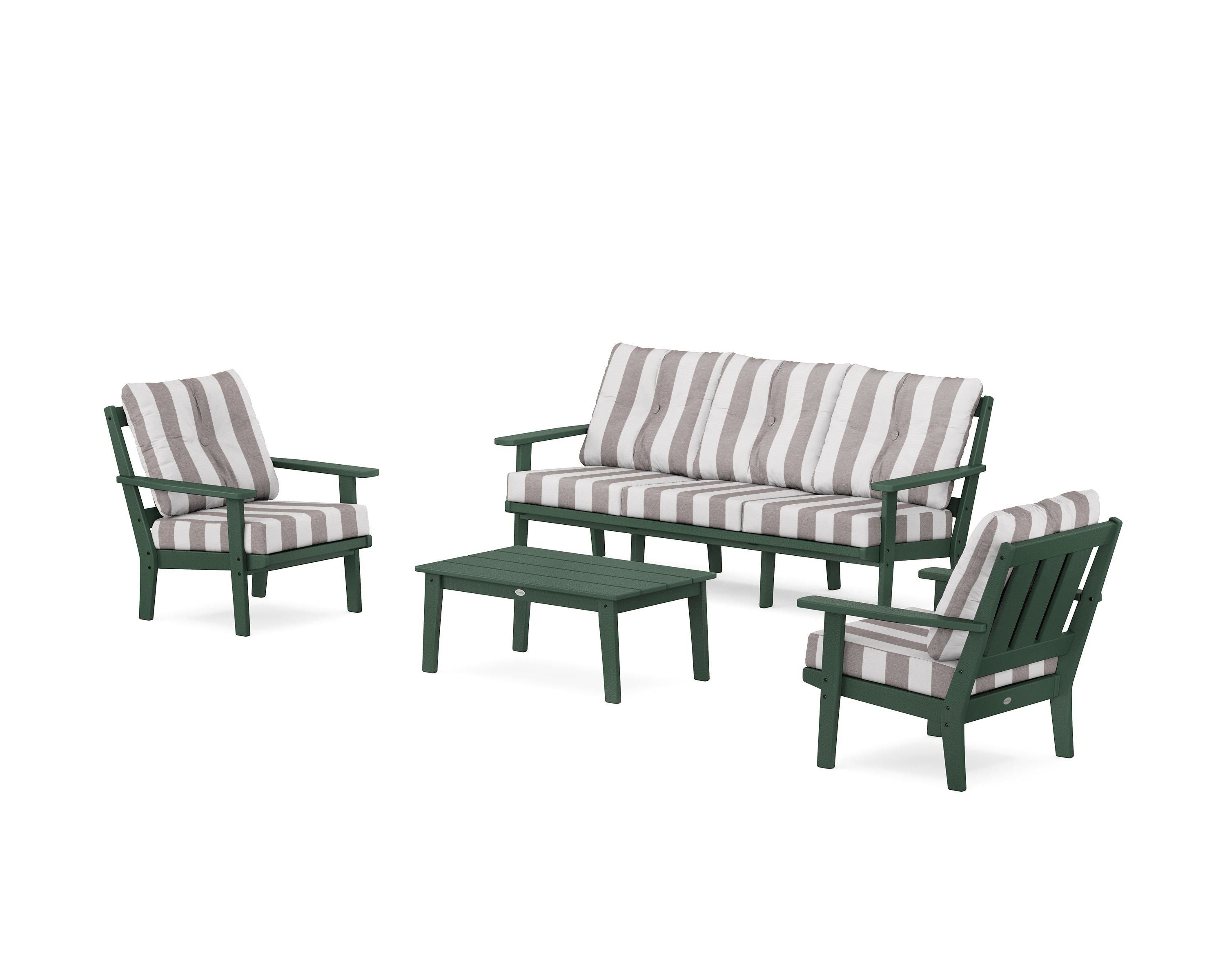 POLYWOOD® Oxford 4-Piece Deep Seating Set with Sofa in Green / Cabana Stripe Grey Mist