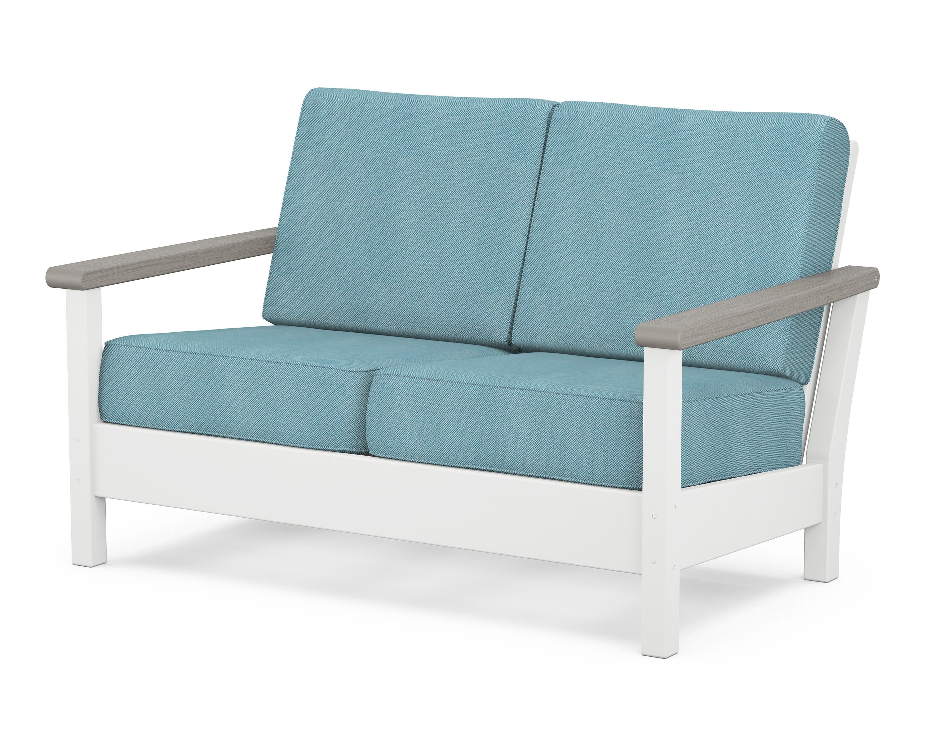 POLYWOOD® Harbour Deep Seating Loveseat in White / Driftwood / Lattice Sky Blue