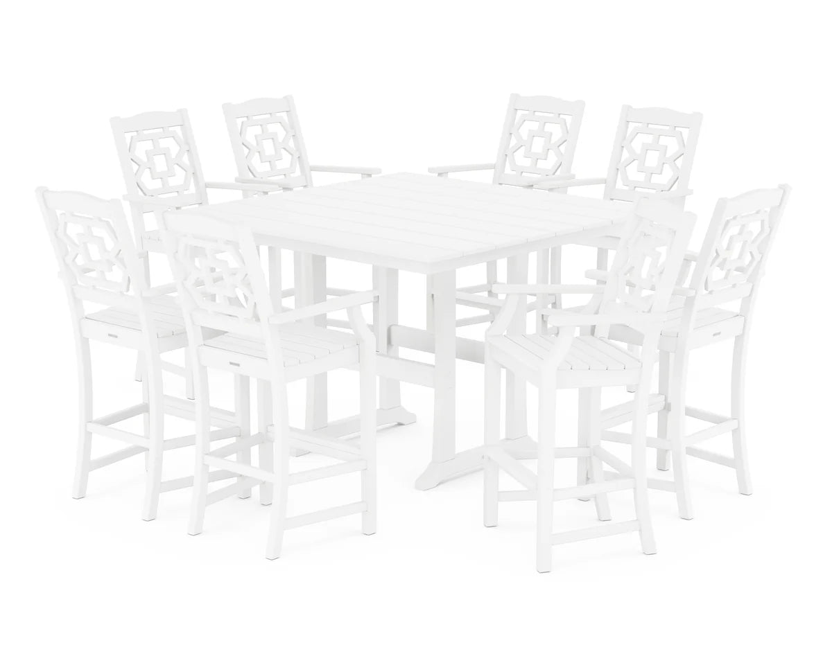 Chinoiserie 9-Piece Square Farmhouse Bar Set with Trestle Legs