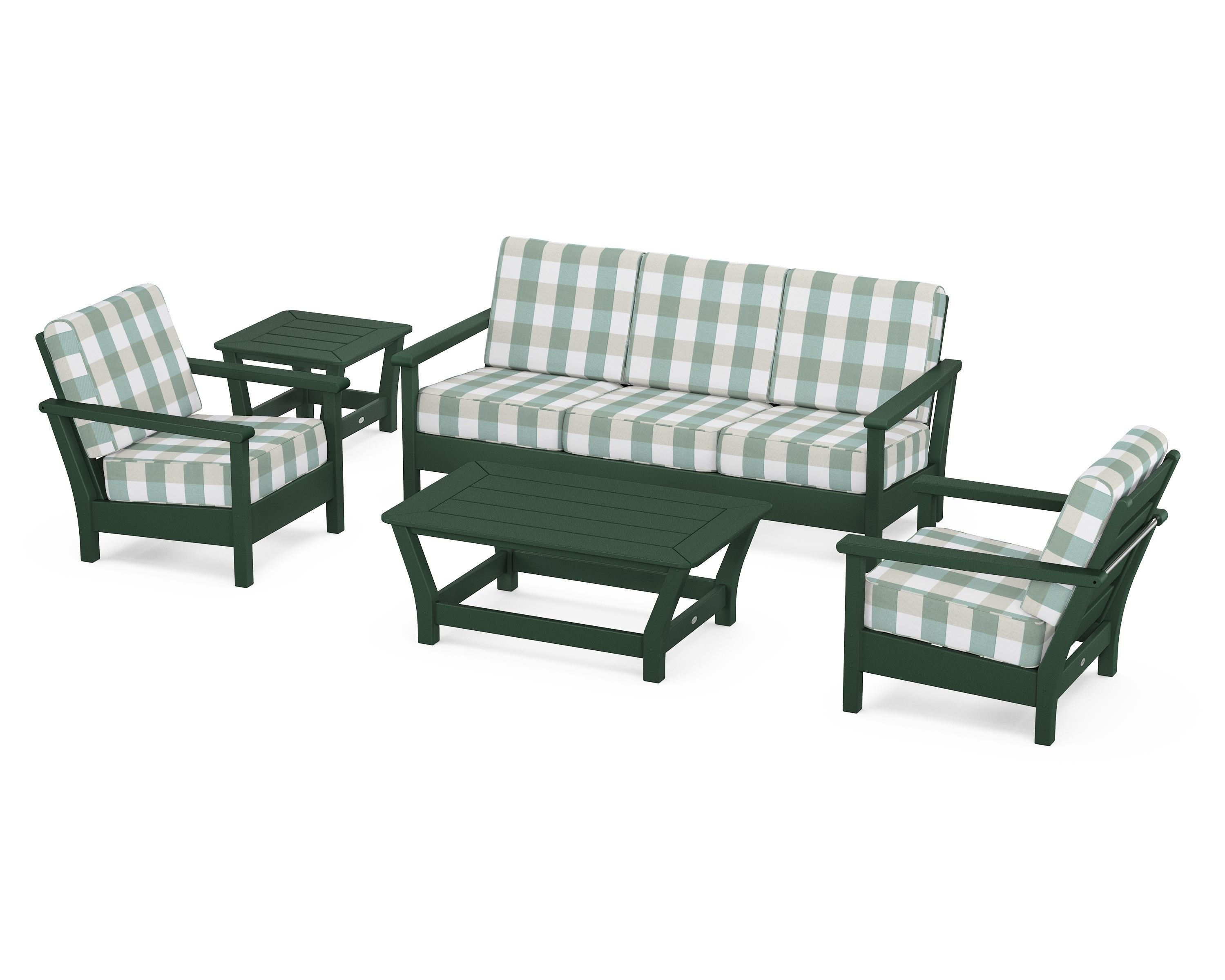 POLYWOOD® Harbour 5-Piece Deep Seating Set in Green / Buffalo Plaid Glacier Spa