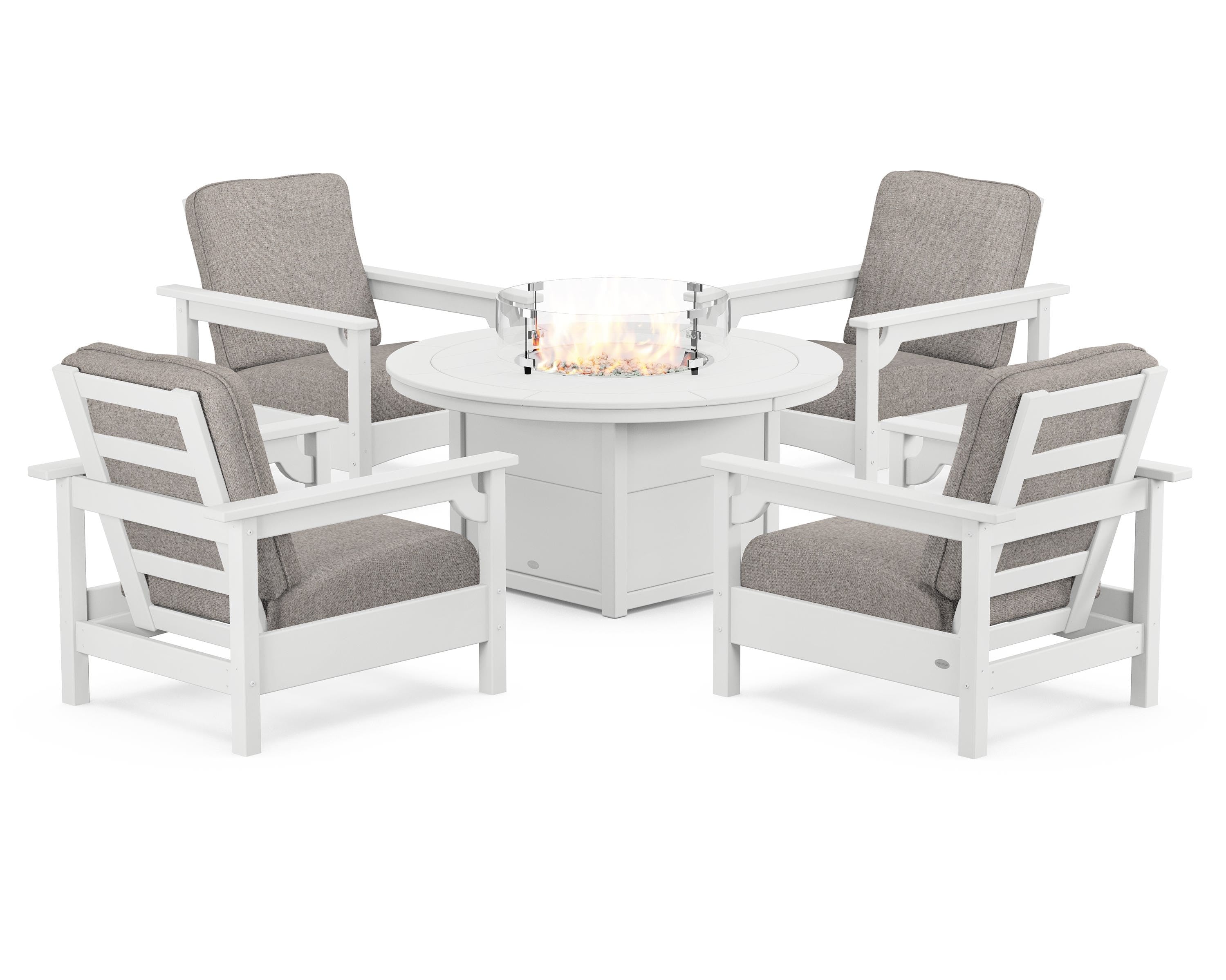 POLYWOOD® Club 5-Piece Conversation Set with Fire Pit Table in White / Weathered Tweed