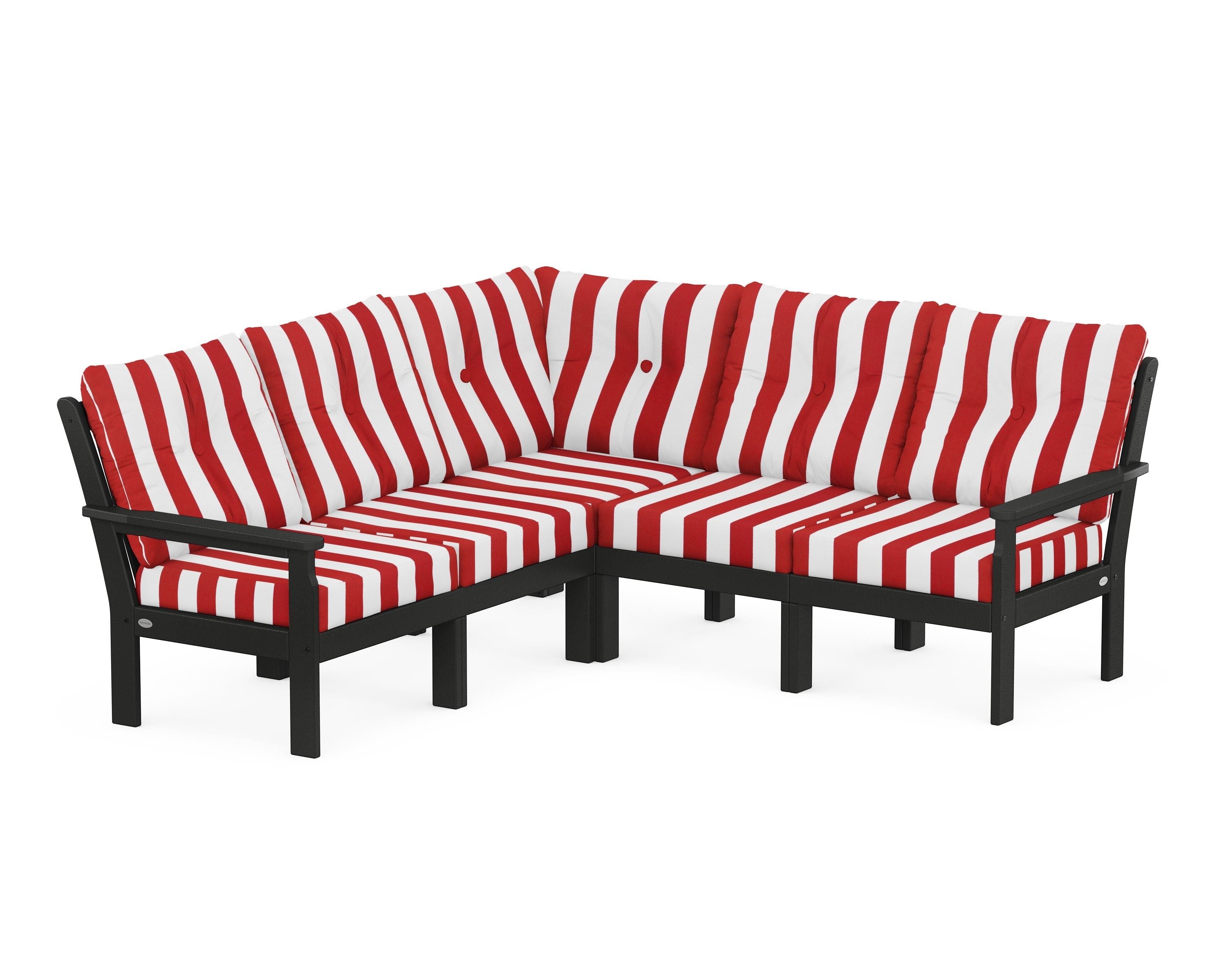 POLYWOOD® Vineyard 5-Piece Sectional in Black / Cabana Stripe Crimson