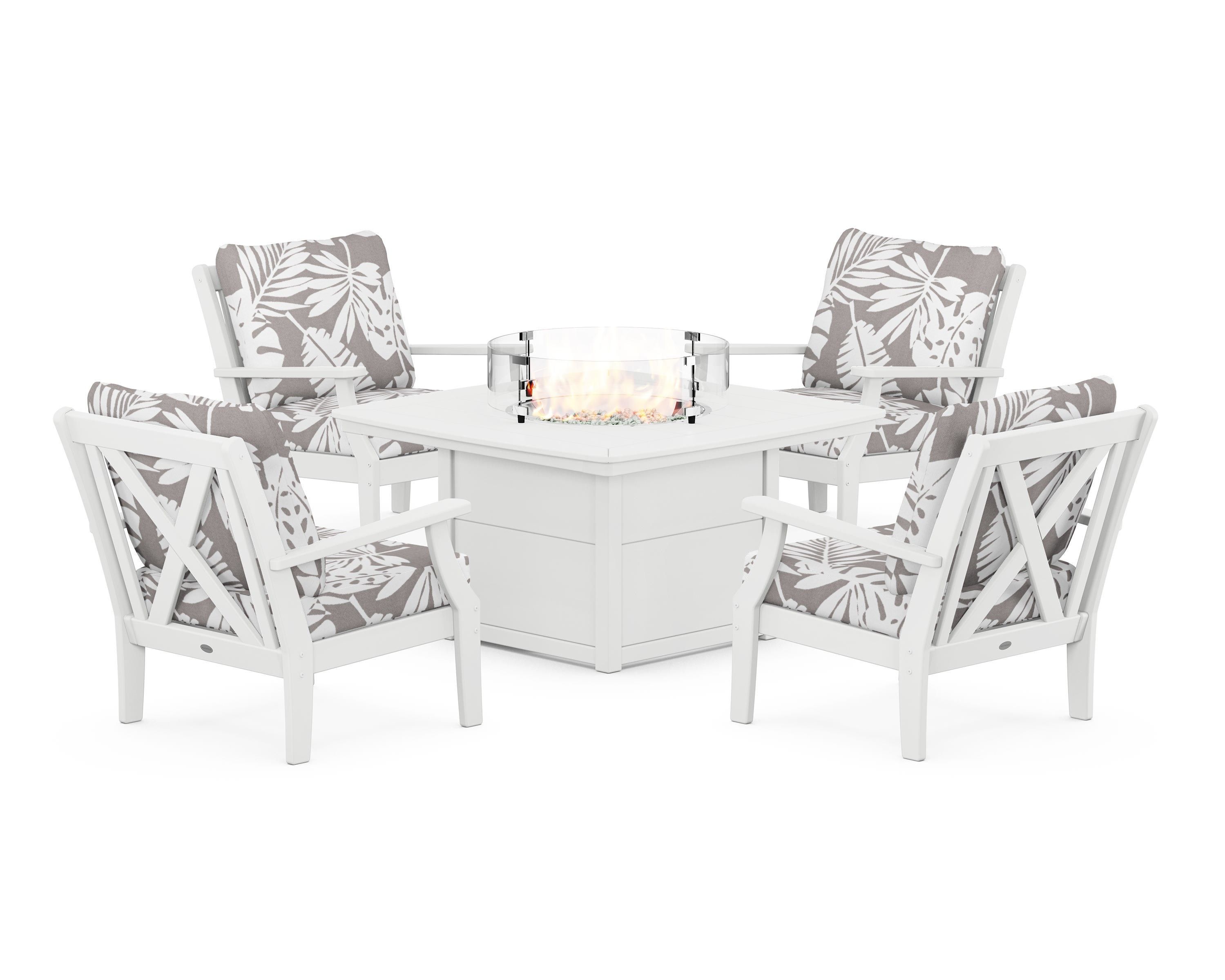 POLYWOOD® Braxton 5-Piece Deep Seating Conversation Set with Fire Pit Table in White / Leaf Grey Mist