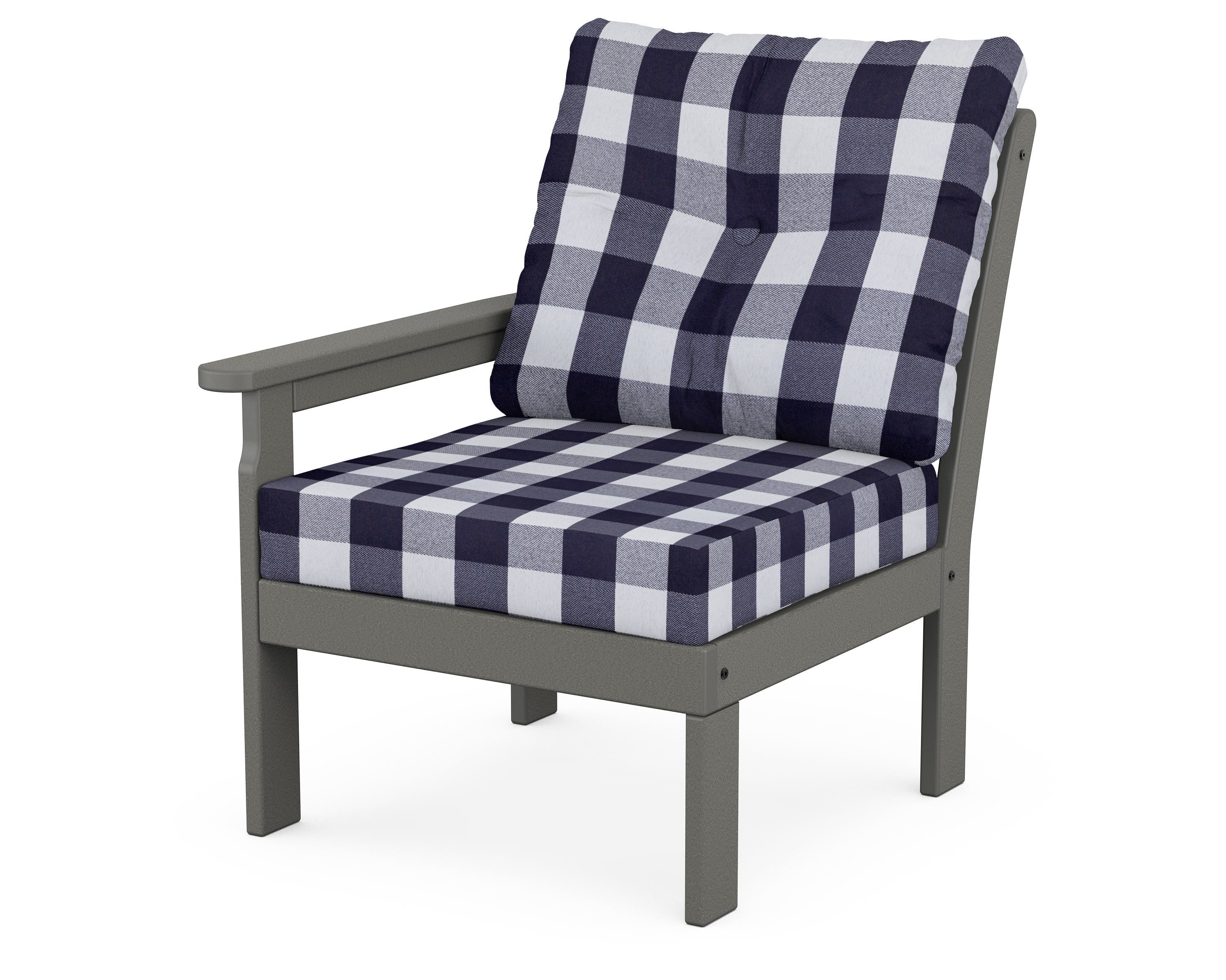 POLYWOOD® Vineyard Modular Left Arm Chair in Slate Grey / Buffalo Plaid Navy