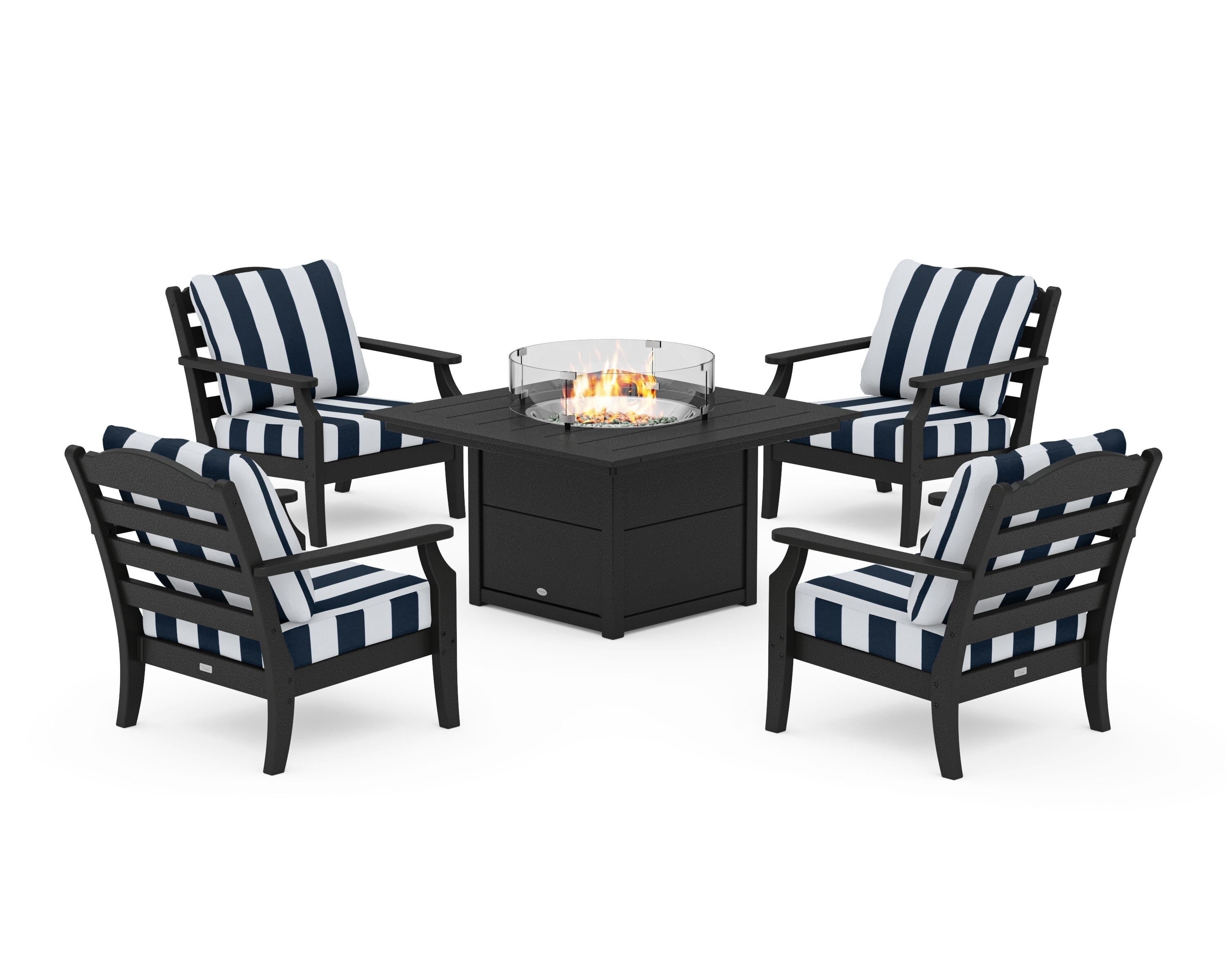 Draper James™ by POLYWOOD® Savannah 5-Piece Deep Seating Set with Fire Pit Table in Black / Cabana Stripe Marine Indigo