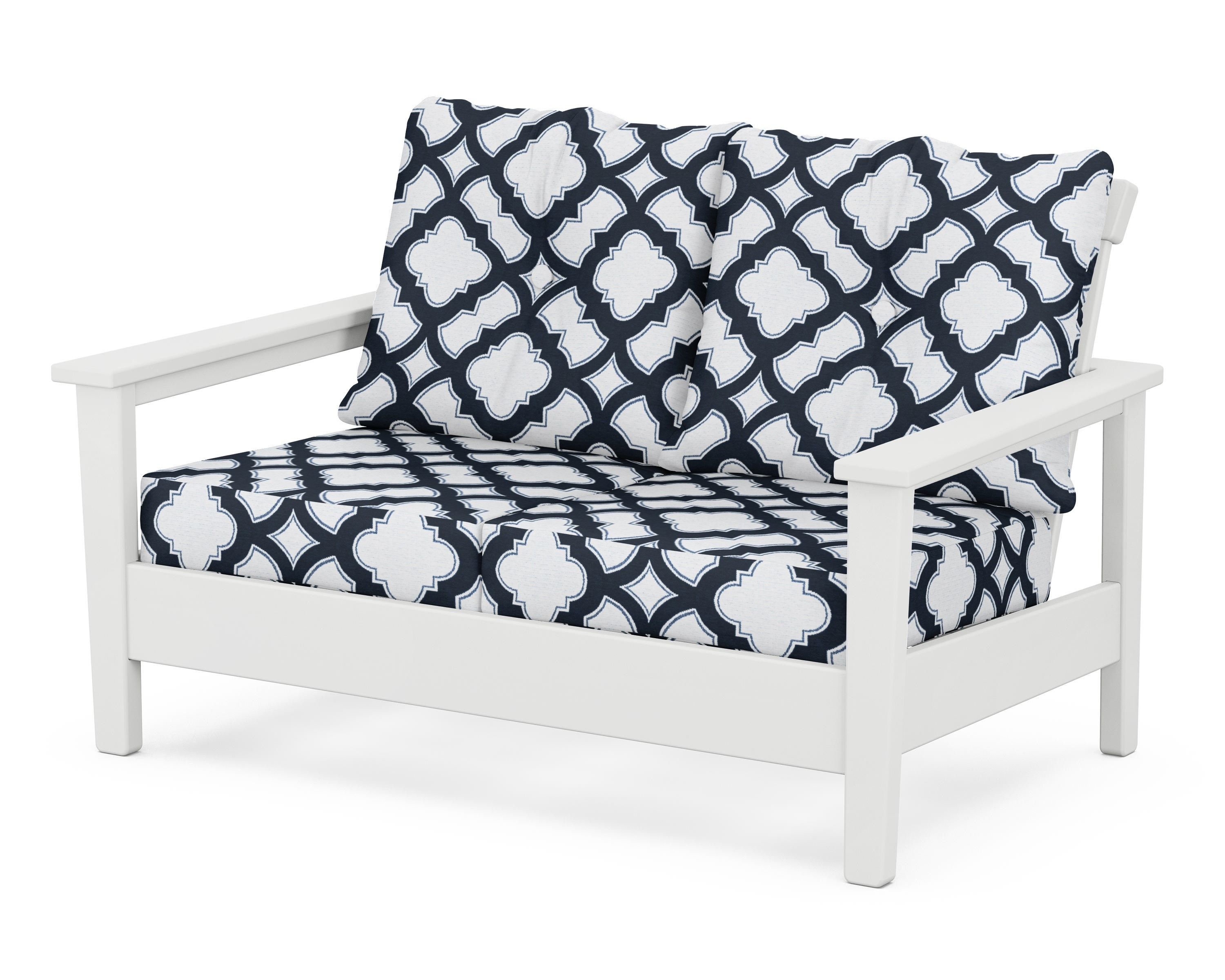 POLYWOOD® Prescott Deep Seating Loveseat in White / Trellis Marine Indigo