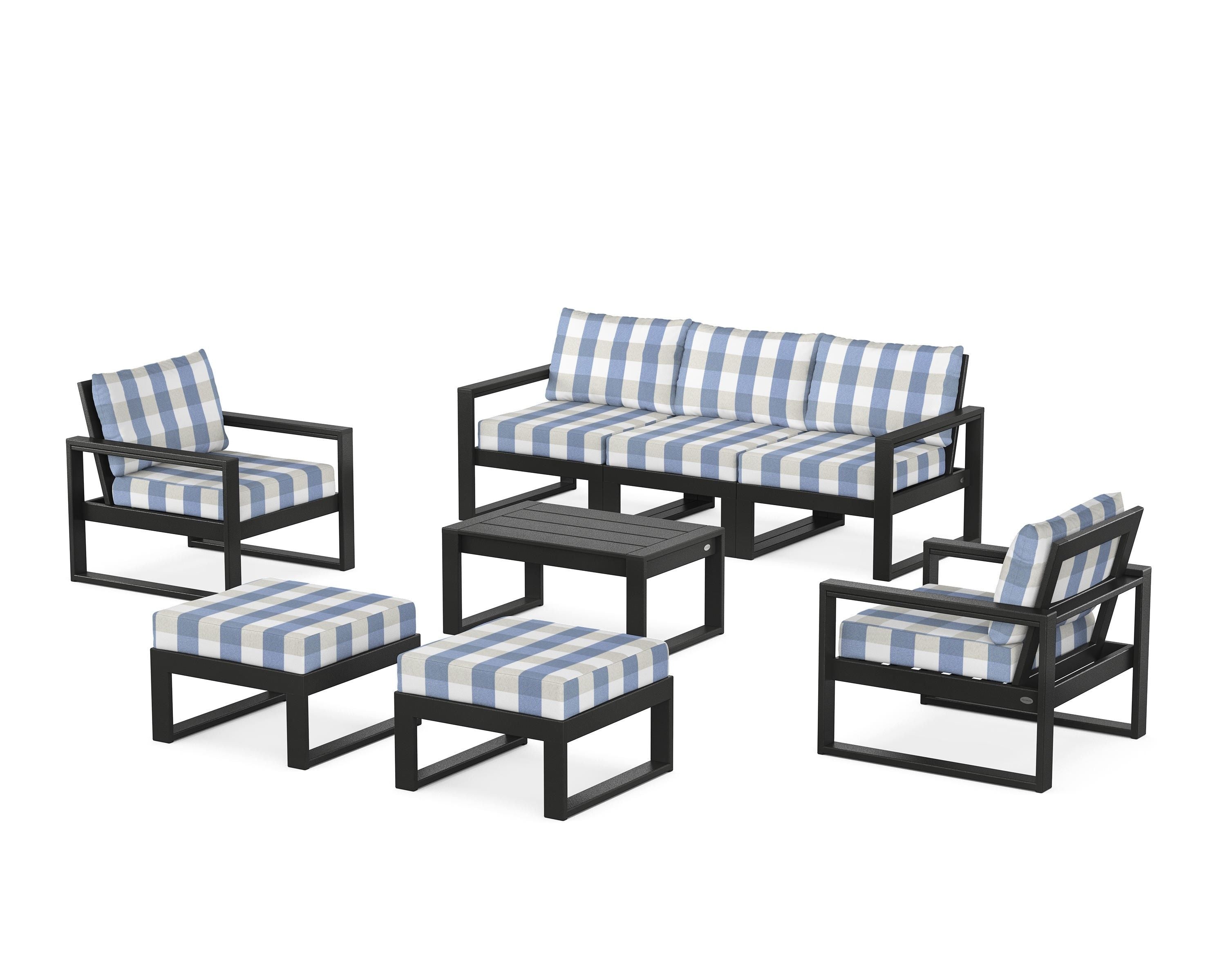 POLYWOOD® EDGE Sectional 8-Piece Lounge Sofa Set in Black / Buffalo Plaid Sky Blue
