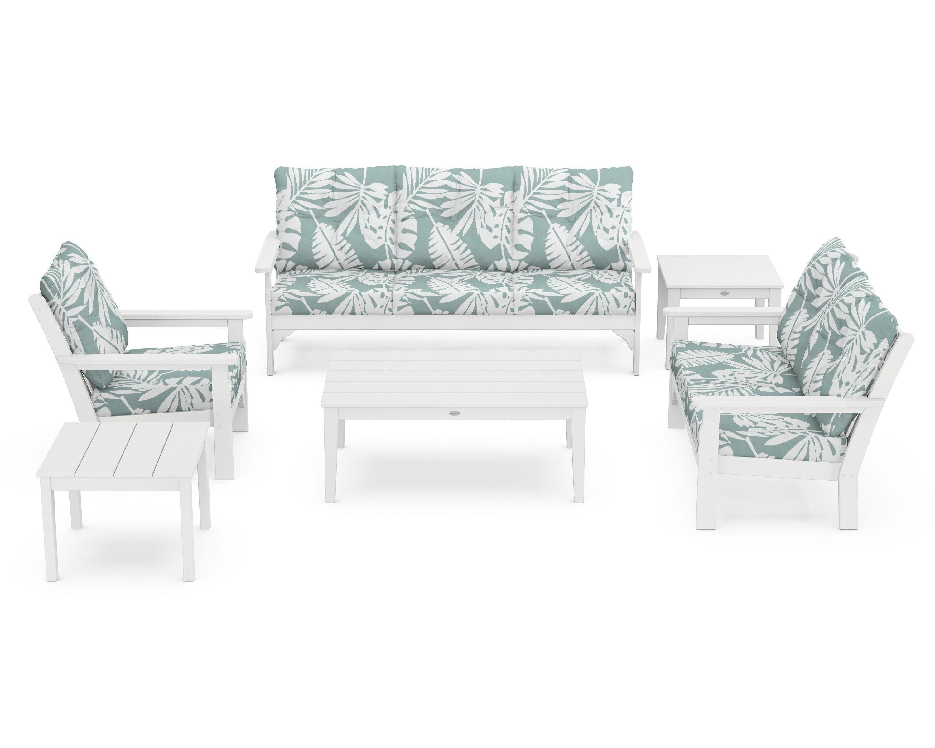 POLYWOOD® Vineyard 6-Piece Deep Seating Set in White / Leaf Glacier Spa