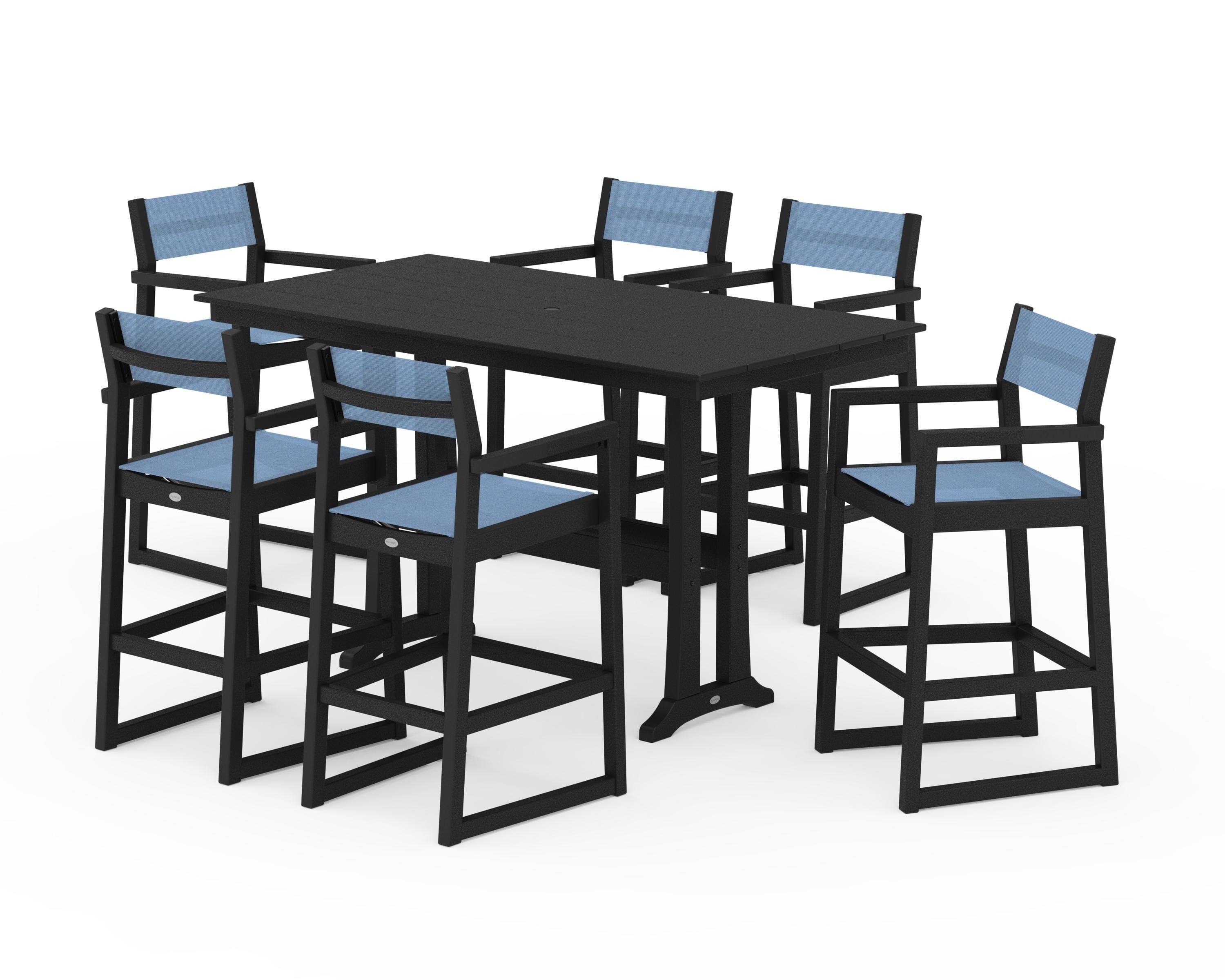 POLYWOOD® EDGE Sling Arm Chair 7-Piece Farmhouse Bar Set with Trestle Legs in Black / Poolside Sling