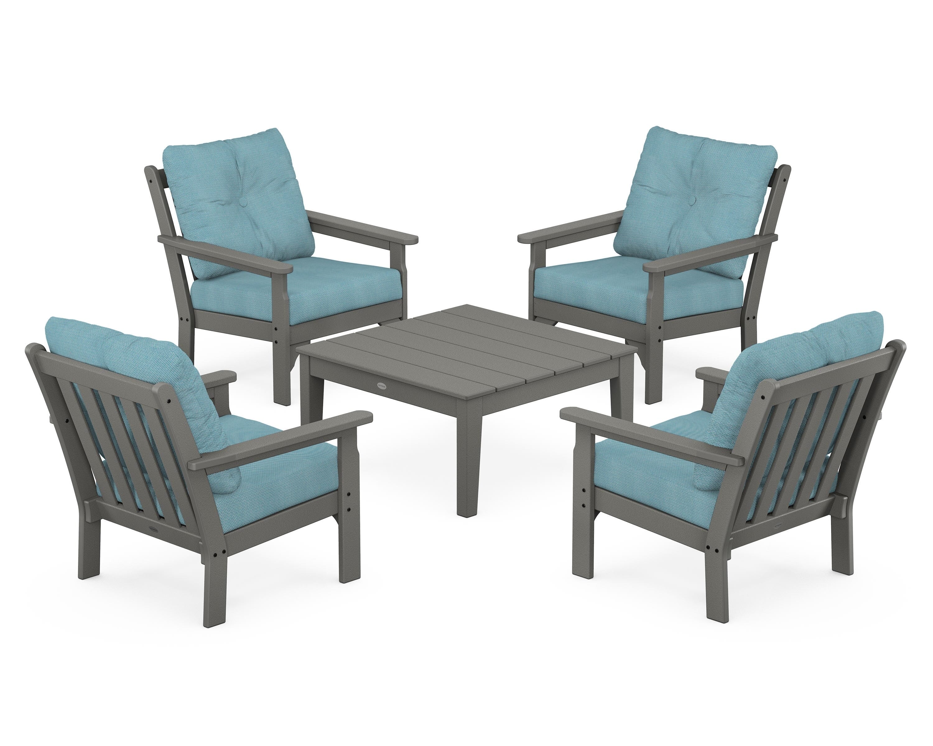 POLYWOOD® Vineyard 5-Piece Deep Seating Conversation Set in Slate Grey / Lattice Sky Blue