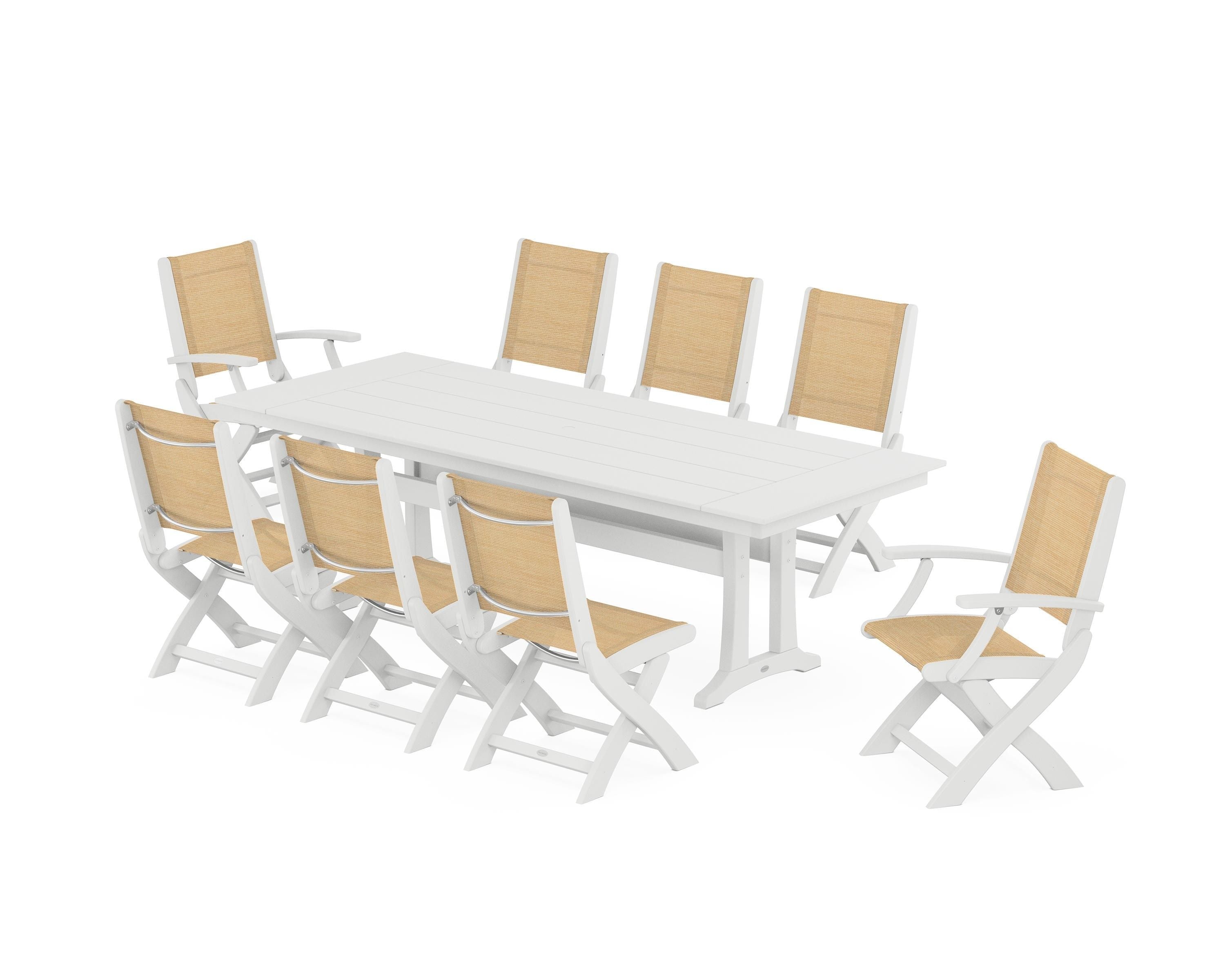 POLYWOOD® Coastal 9-Piece Folding Dining Chair Farmhouse Dining Set with Trestle Legs in White / Dupioni Apricot Sling