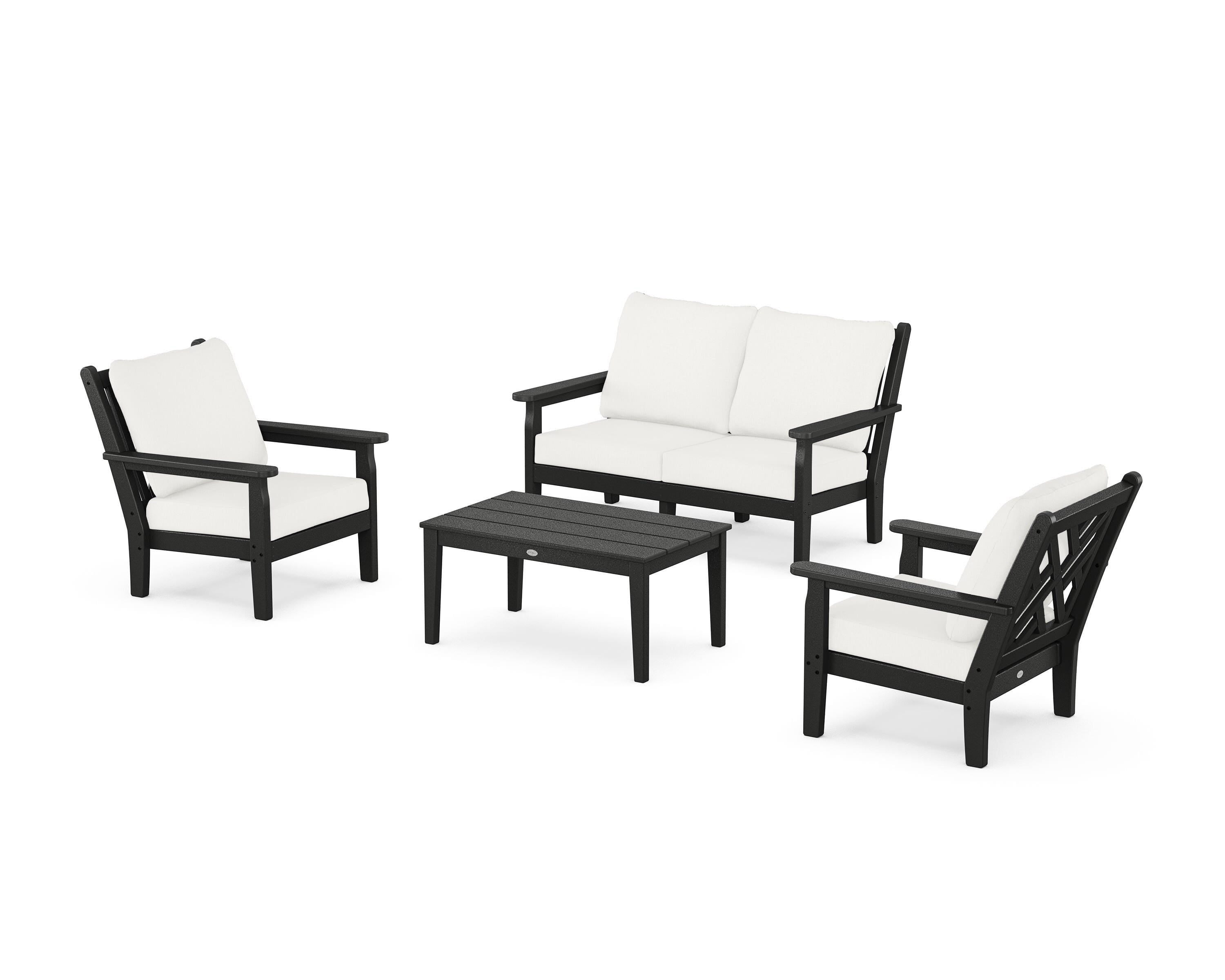 POLYWOOD® Chippendale 4-Piece Deep Seating Set with Loveseat in Black / Natural Linen