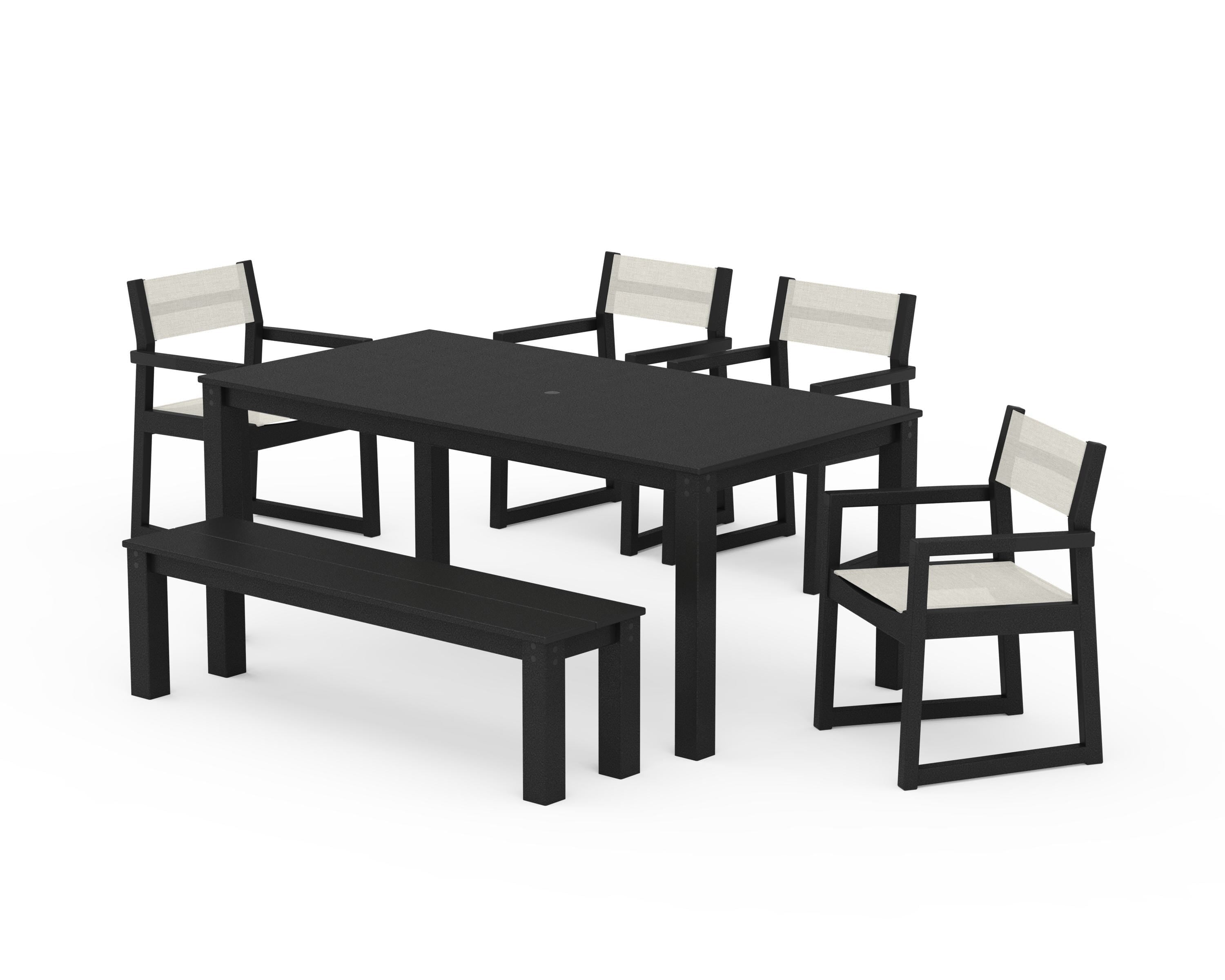 POLYWOOD® EDGE Sling Arm Chair 6-Piece Parsons Dining Set with Bench in Black / Parchment Sling