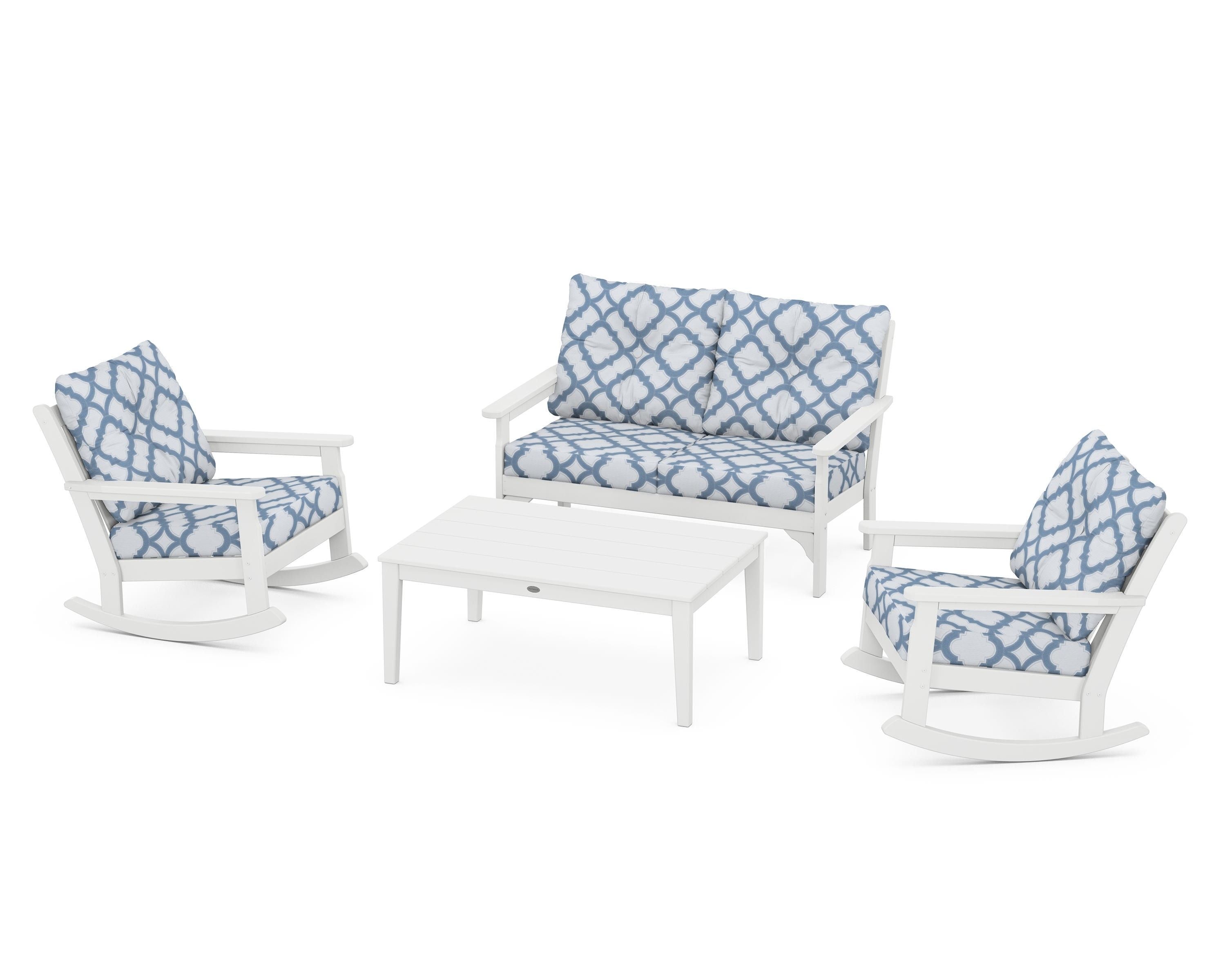 POLYWOOD® Vineyard 4-Piece Deep Seating Rocking Chair Set in White / Trellis Sky Blue