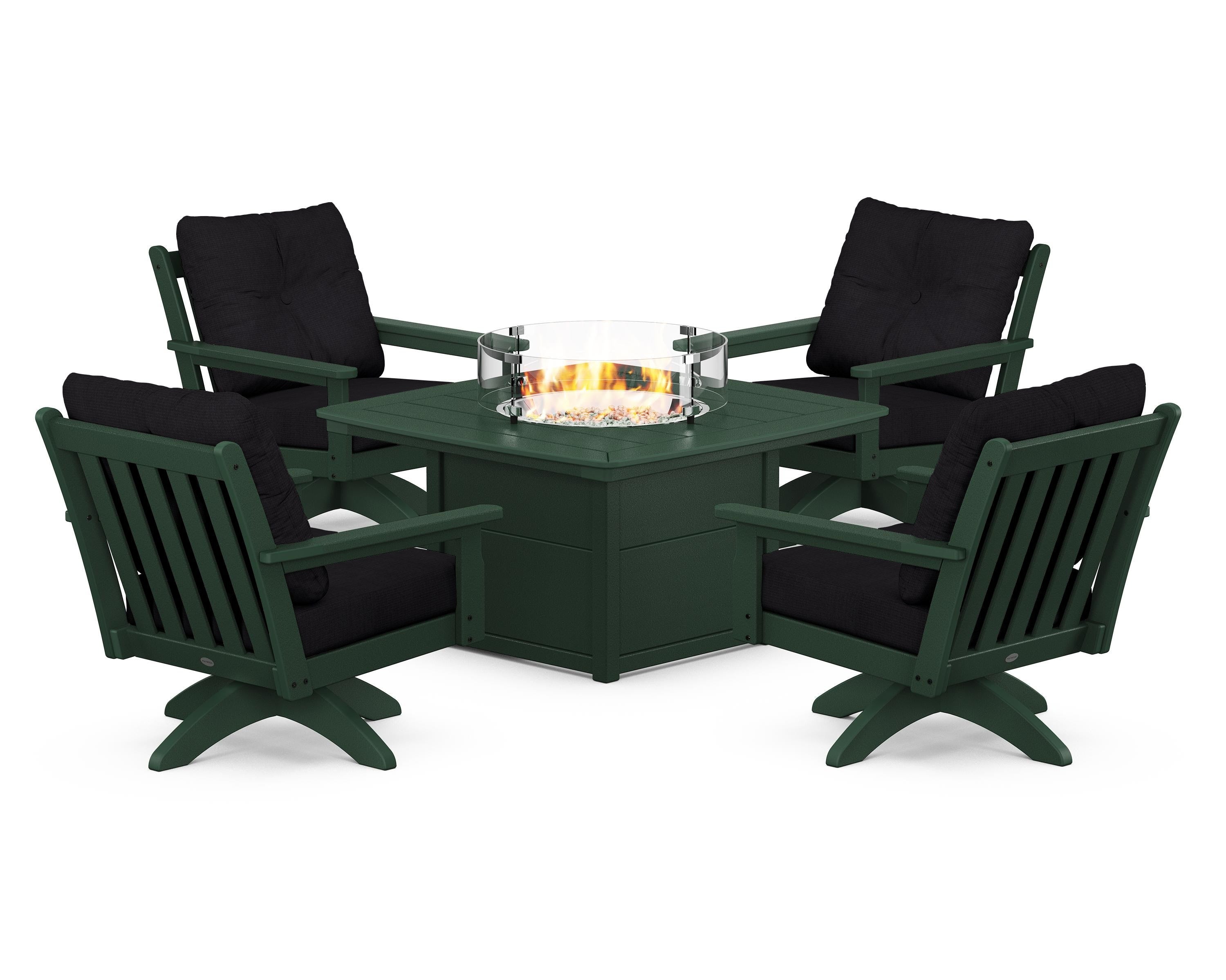 POLYWOOD® Vineyard 5-Piece Deep Seating Swivel Conversation Set with Fire Pit Table in Green / Midnight Linen