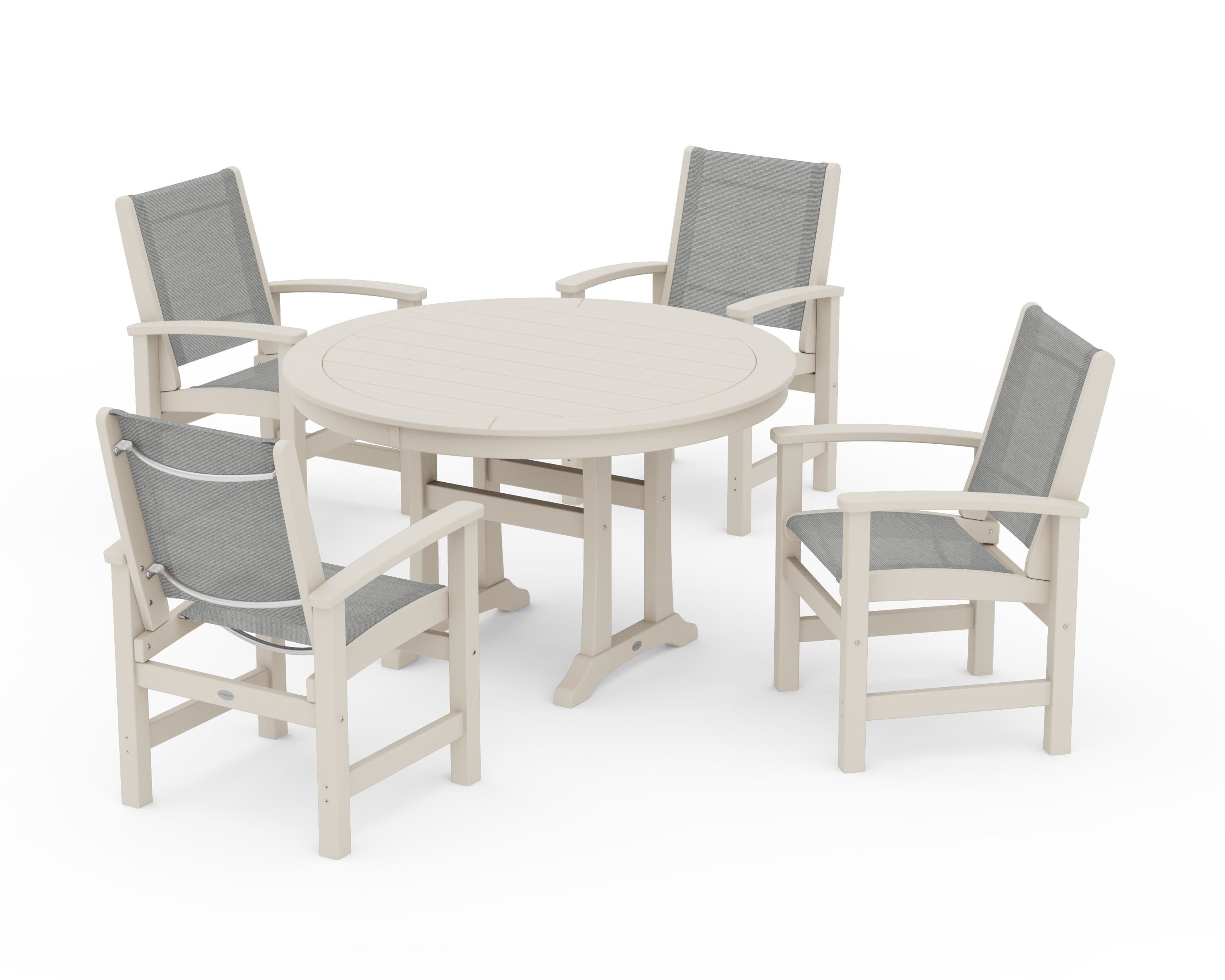 POLYWOOD® Coastal 5-Piece Round Dining Set with Trestle Legs in Sand / Metallic Sling