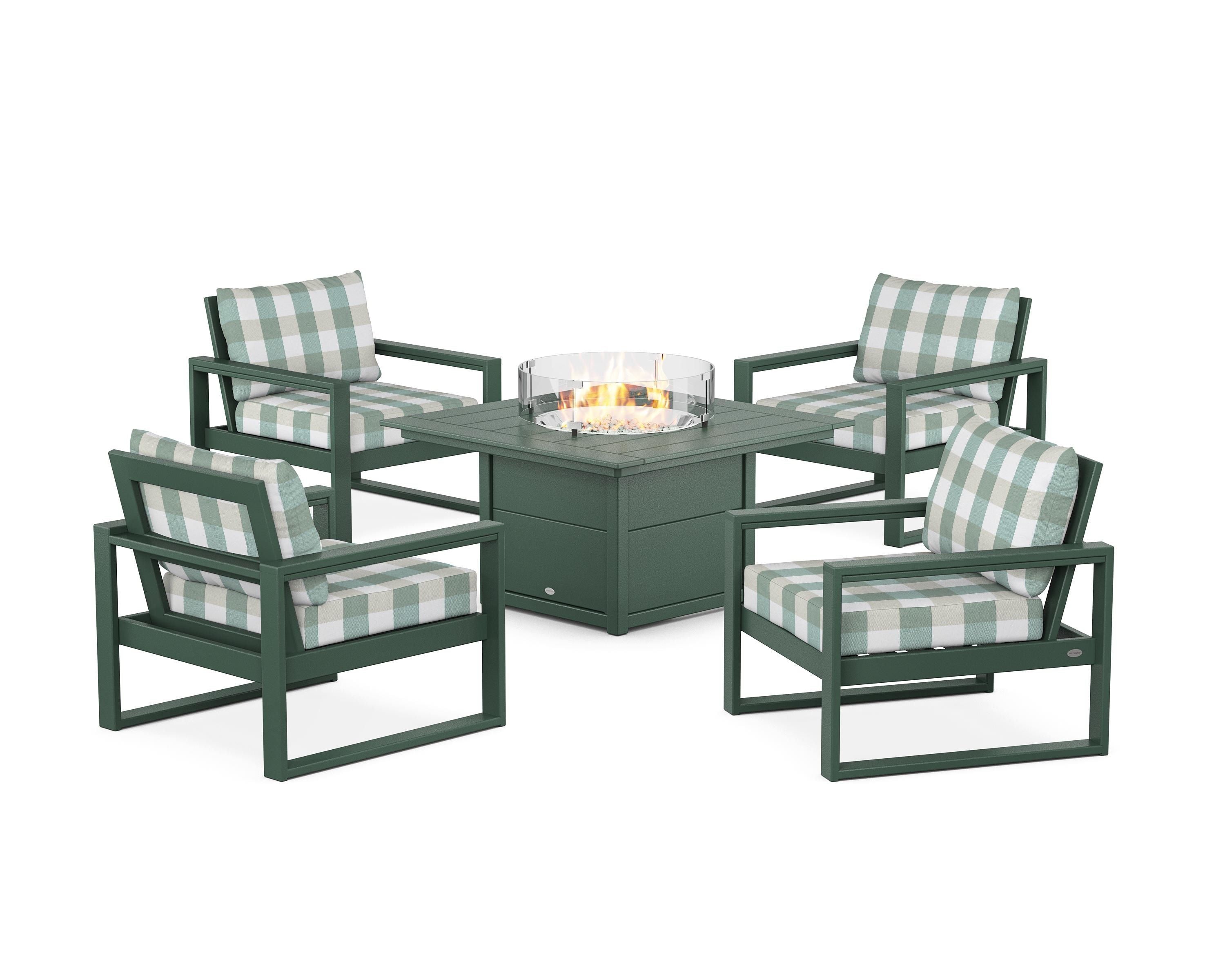 POLYWOOD® EDGE Sectional 5-Piece Deep Seating Set with Fire Pit Table in Green / Buffalo Plaid Glacier Spa