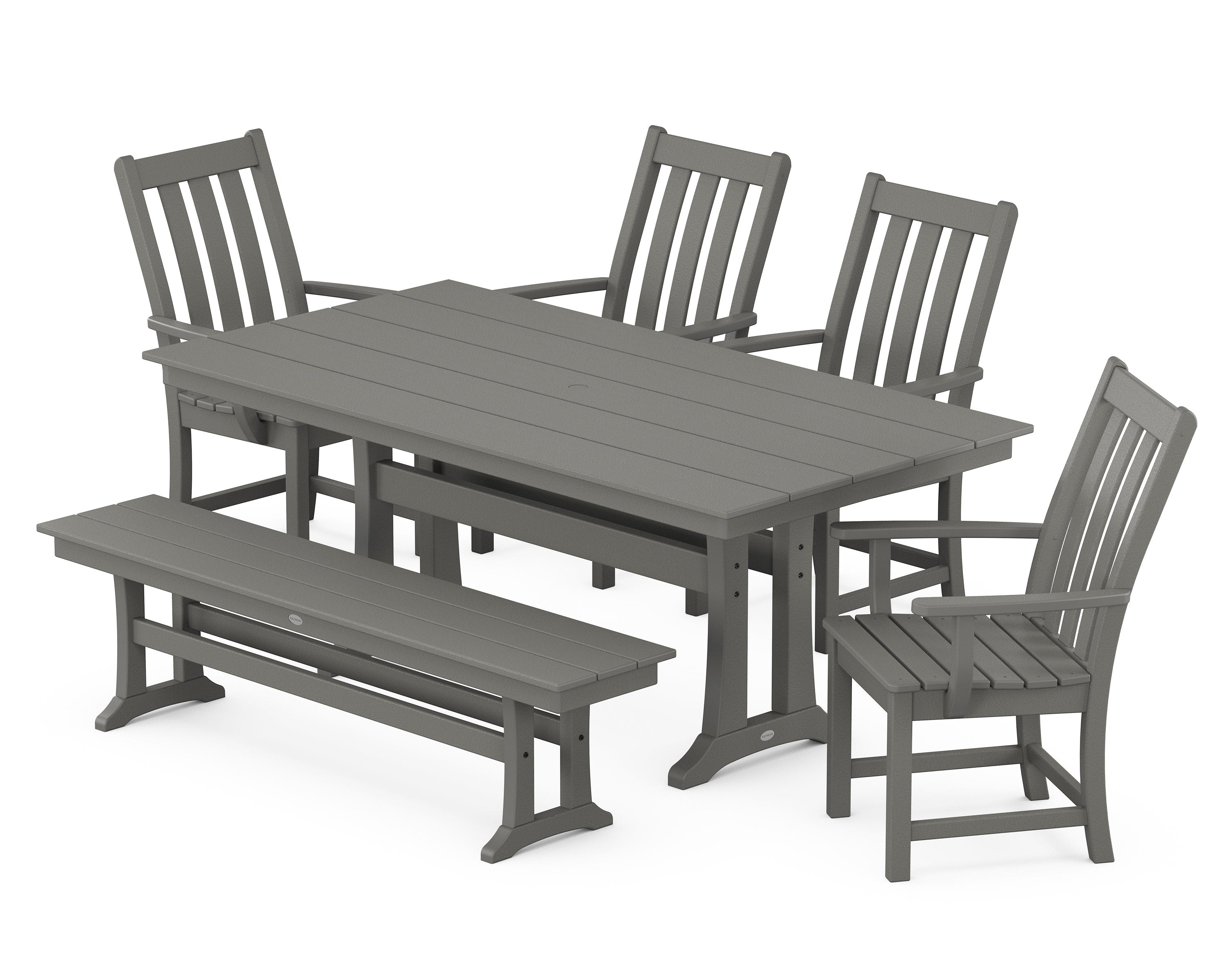 POLYWOOD® Vineyard 6-Piece Arm Chair Farmhouse Dining Set with Trestle Legs and Bench in Slate Grey