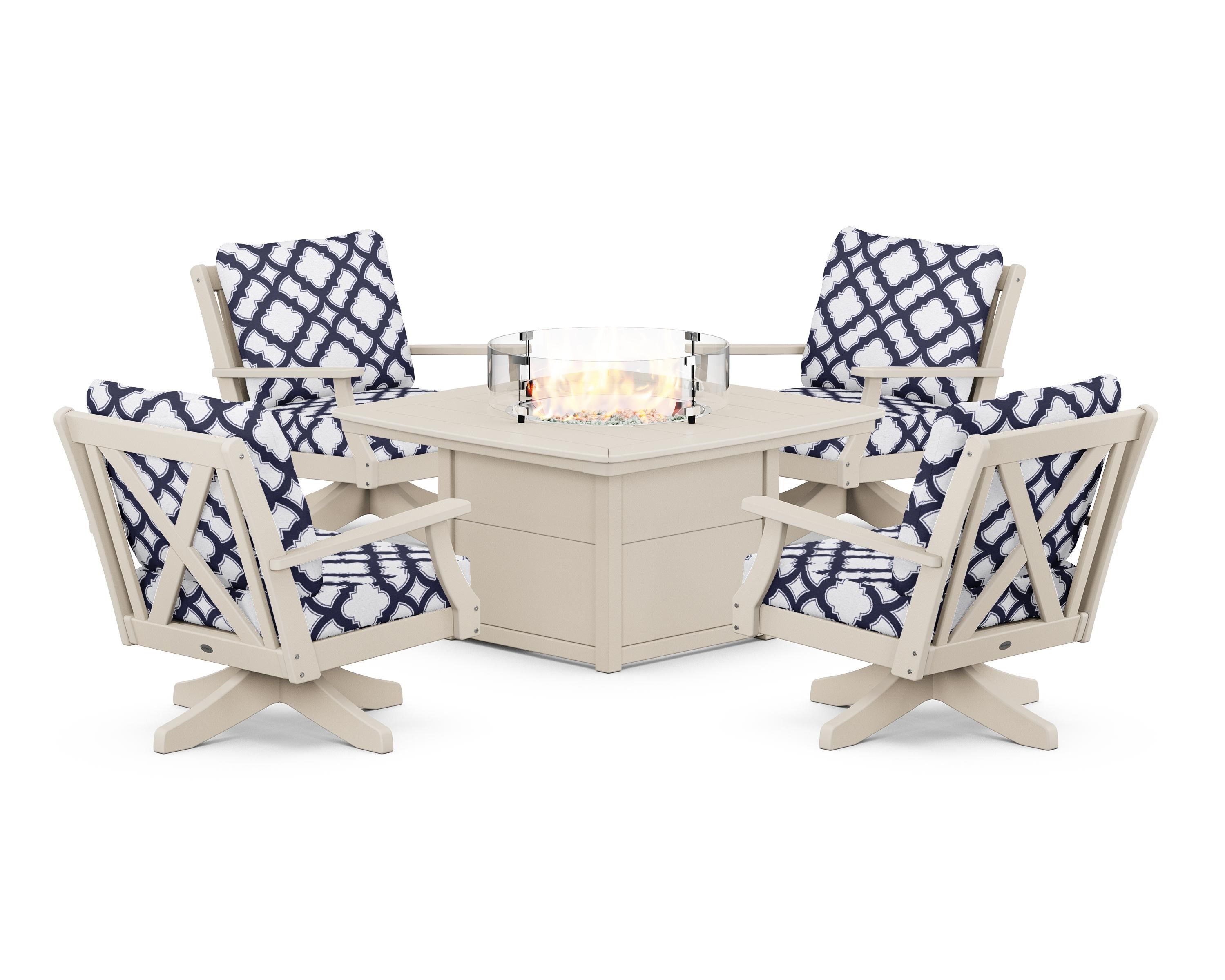 POLYWOOD® Braxton 5-Piece Deep Seating Swivel Conversation Set with Fire Pit Table in Sand / Trellis Navy