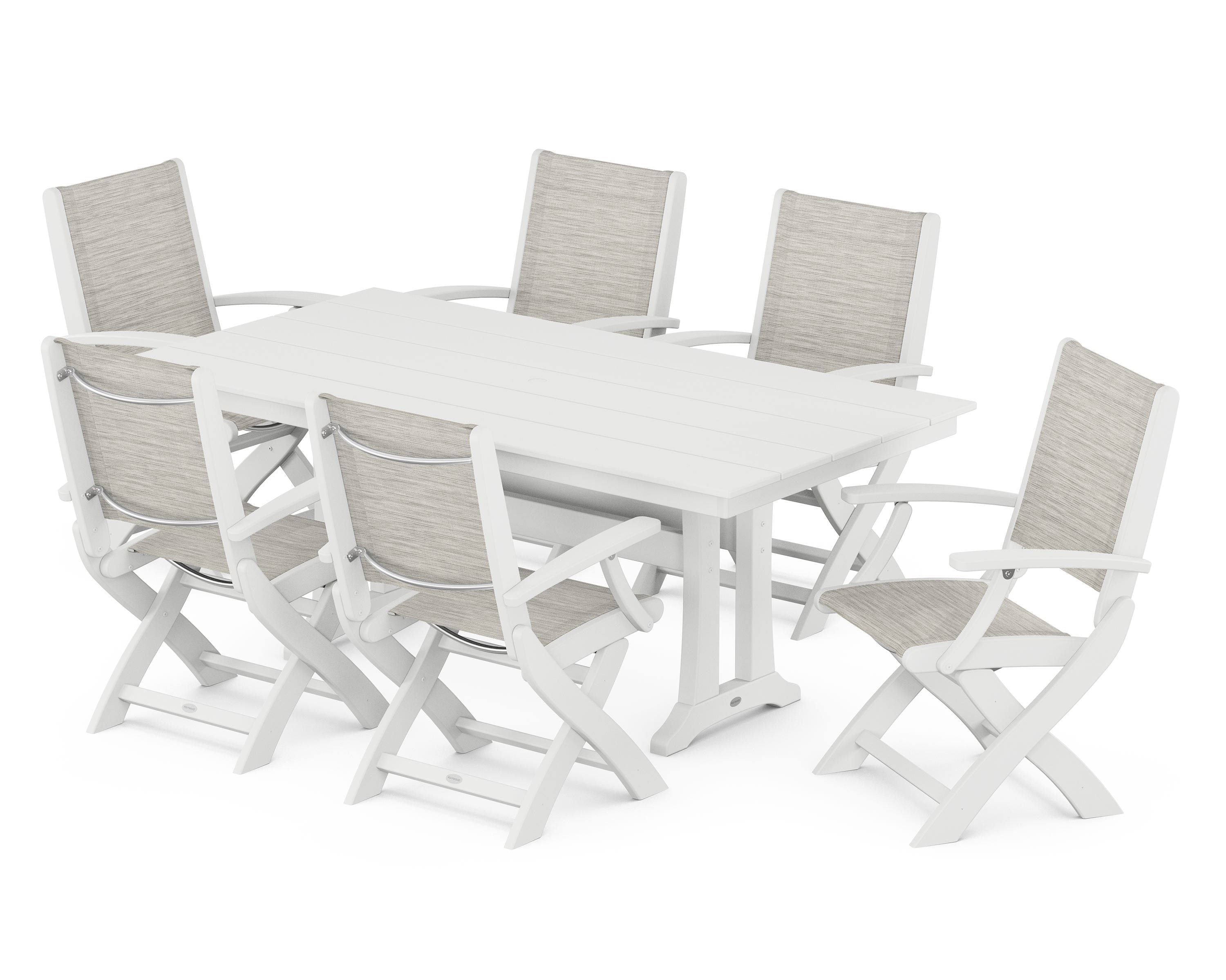 POLYWOOD® Coastal Folding Arm Chair 7-Piece Farmhouse Dining Set with Trestle Legs in White / Birch Sling