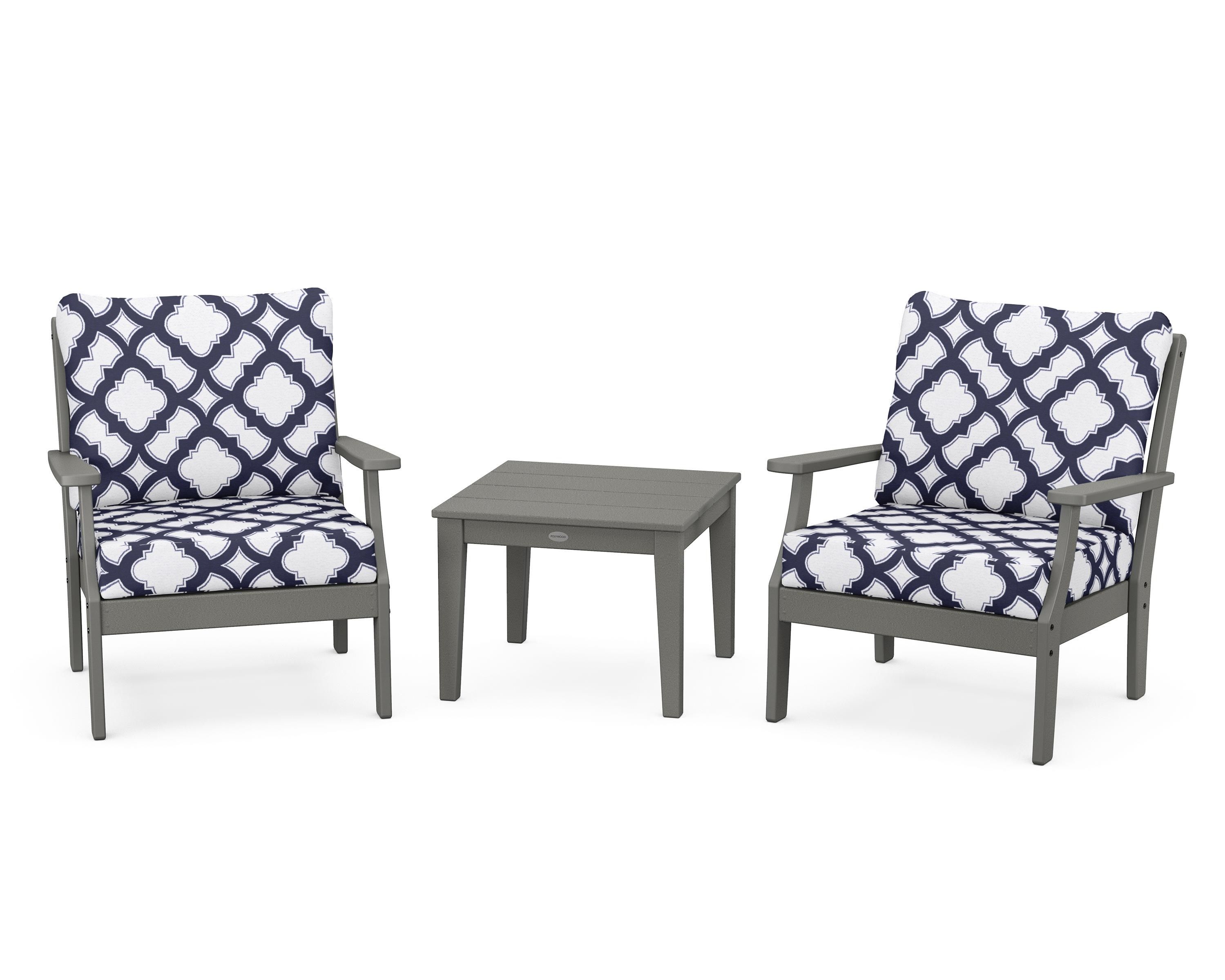 POLYWOOD® Braxton 3-Piece Deep Seating Set in Slate Grey / Trellis Navy