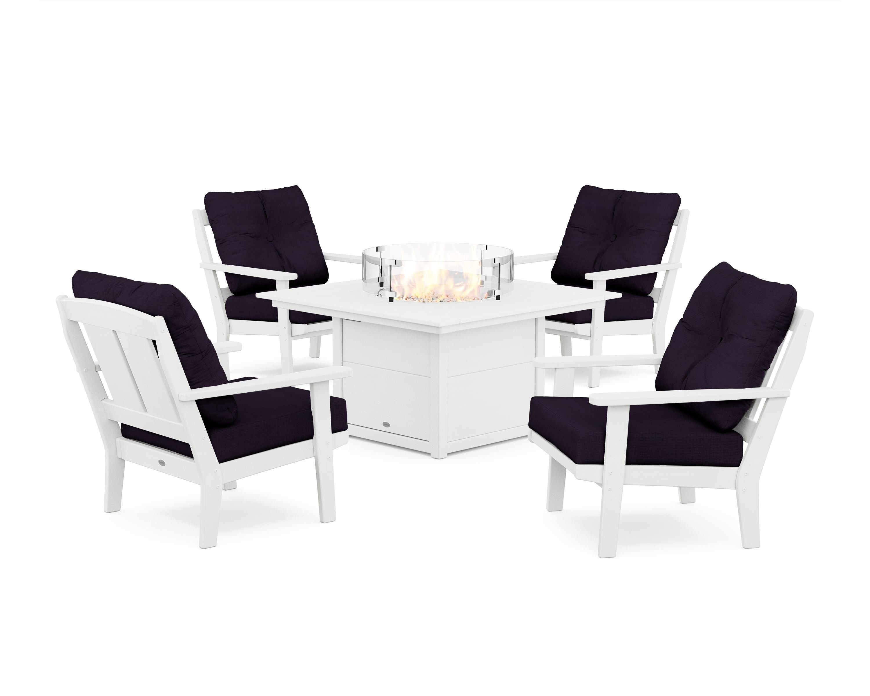 POLYWOOD® Mission 5-Piece Deep Seating Set with Fire Pit Table in White / Navy Linen