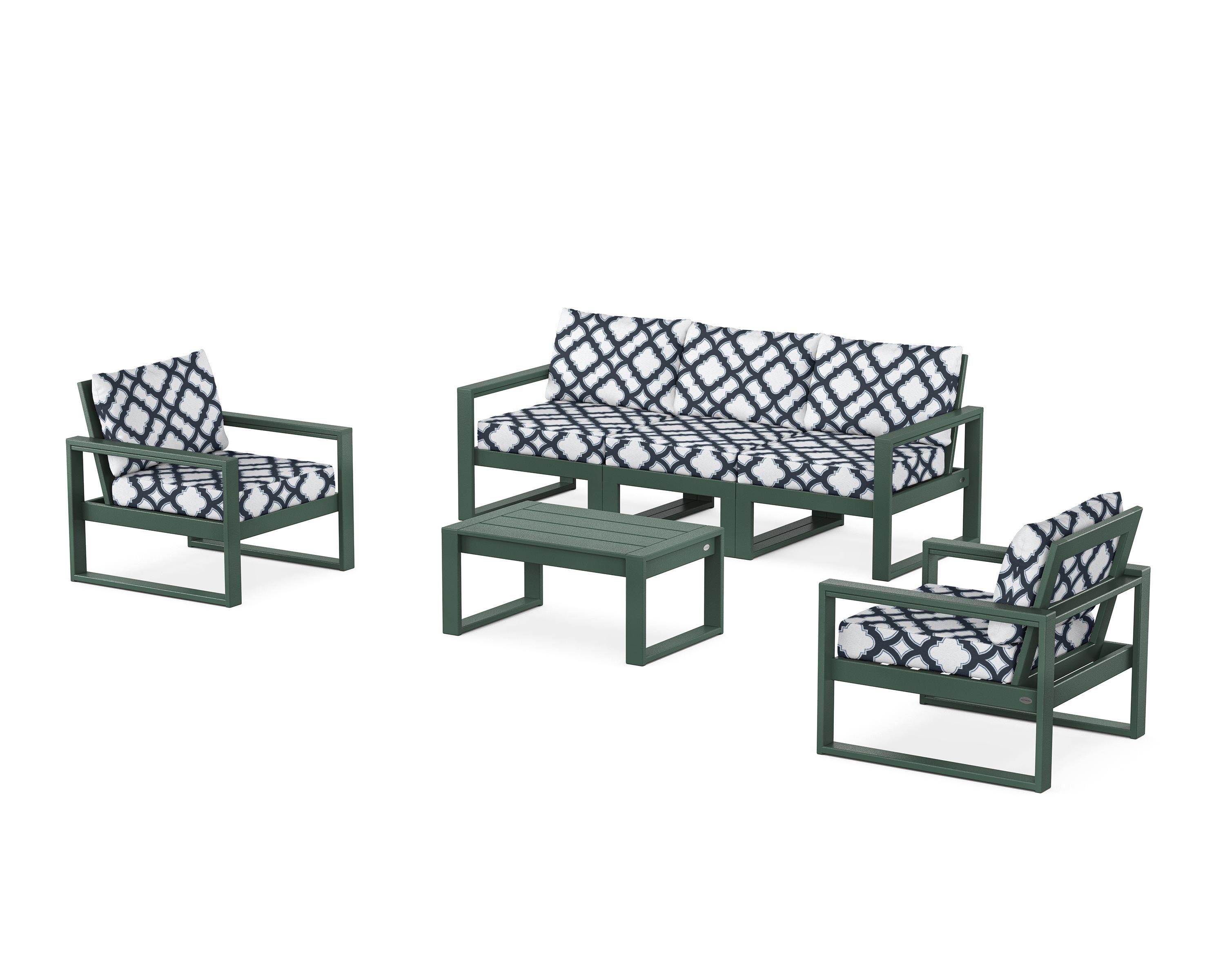 POLYWOOD® EDGE Sectional 4-Piece Deep Seating Set with Sofa in Green / Trellis Marine Indigo