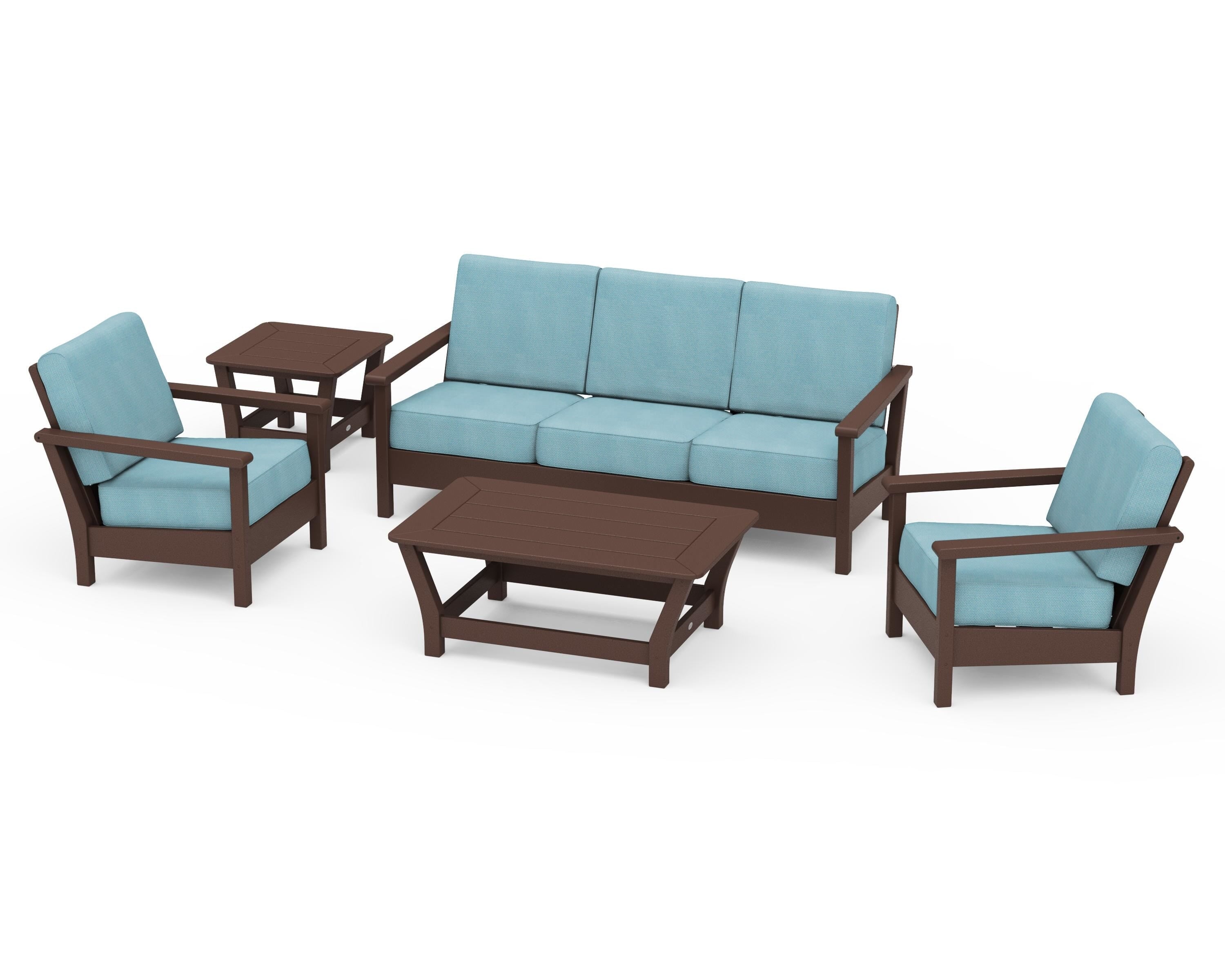 POLYWOOD® Harbour 5-Piece Deep Seating Set in Mahogany / Lattice Sky Blue