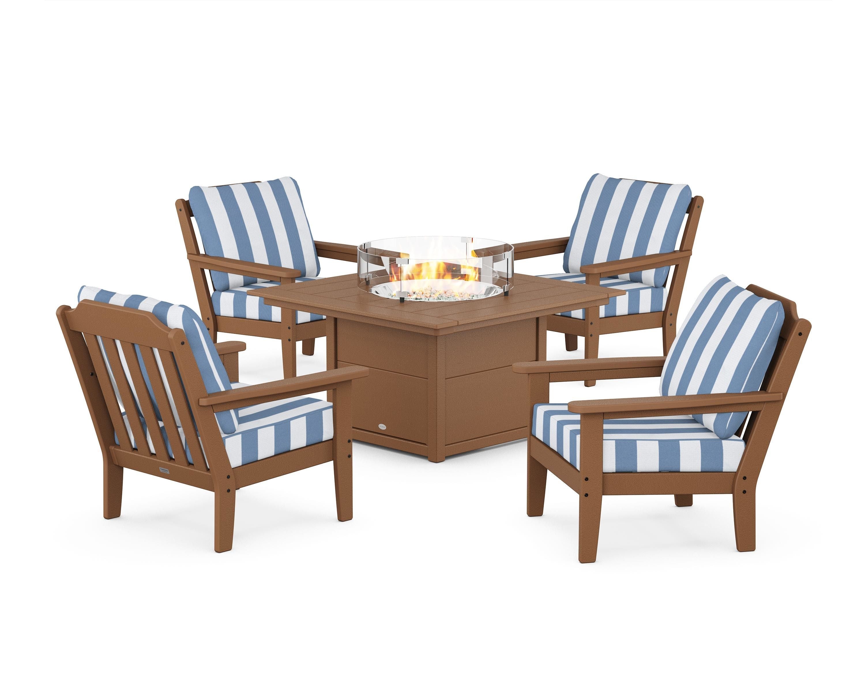 Country Living Cottage 5-Piece Deep Seating Set with Fire Pit Table in Teak / Cabana Stripe Sky Blue