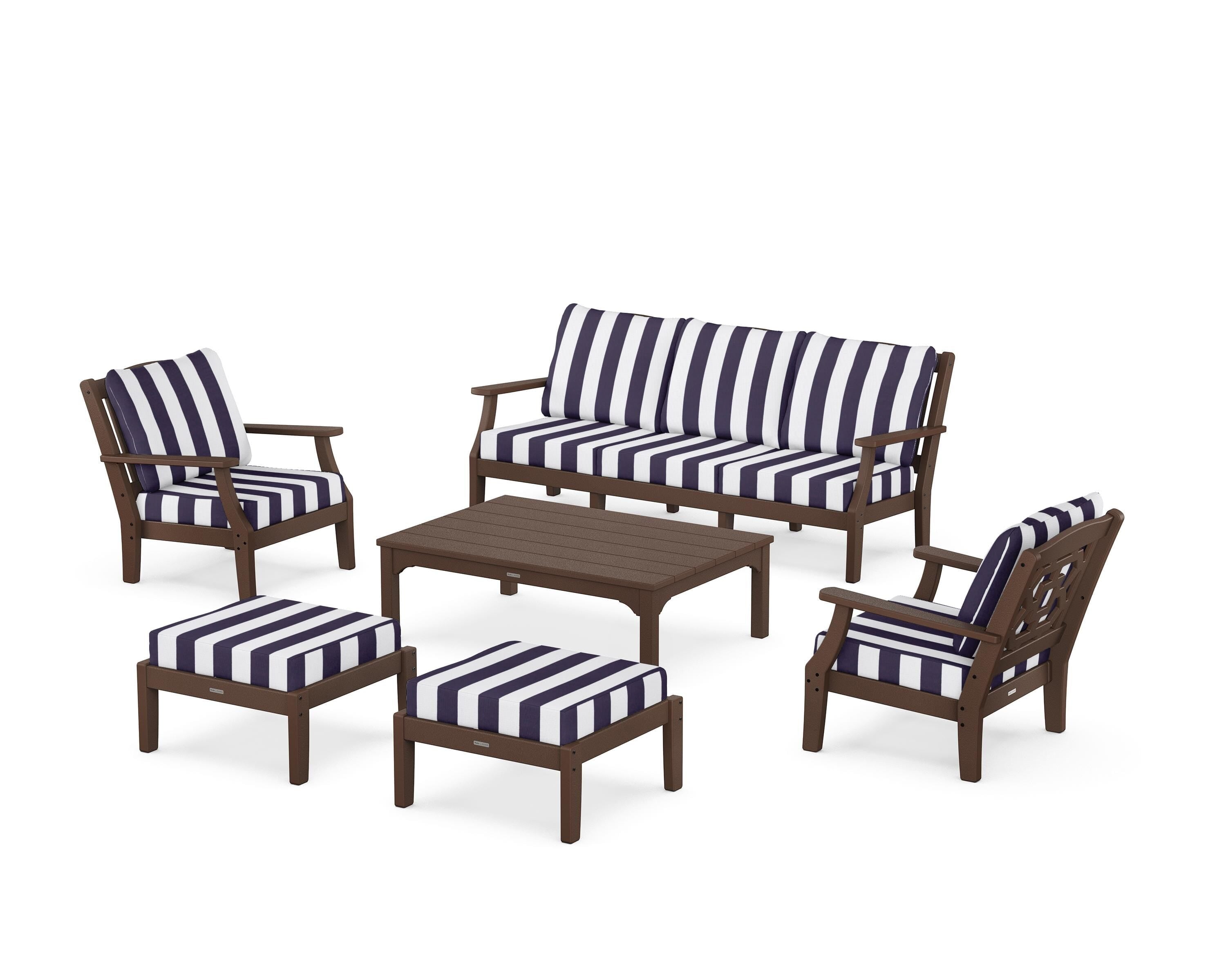Martha Stewart by POLYWOOD® Chinoiserie 6-Piece Lounge Sofa Set in Mahogany / Cabana Stripe Navy