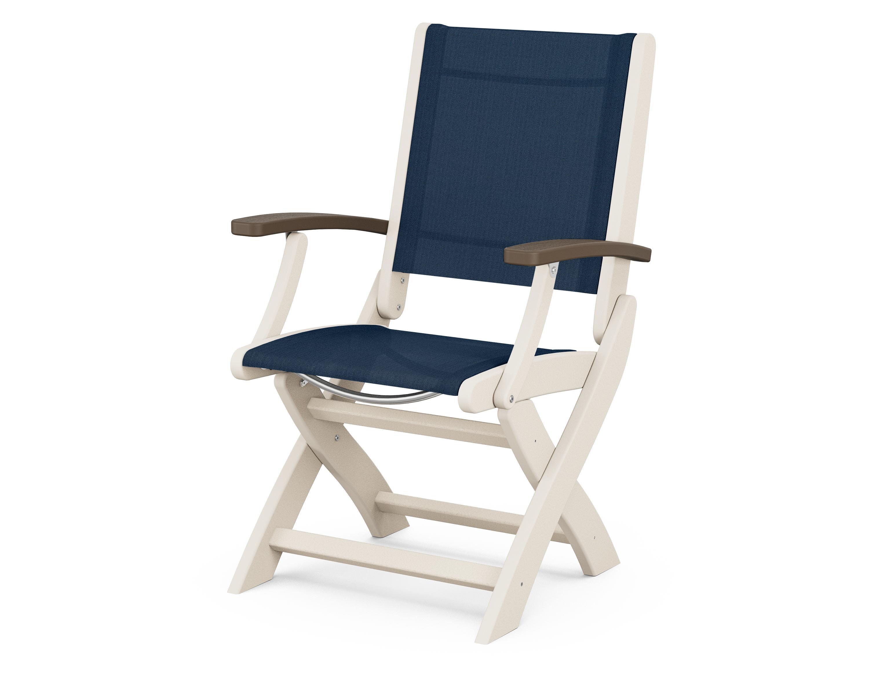 POLYWOOD® Coastal Folding Chair in Sand / Kona / Navy Blue Sling