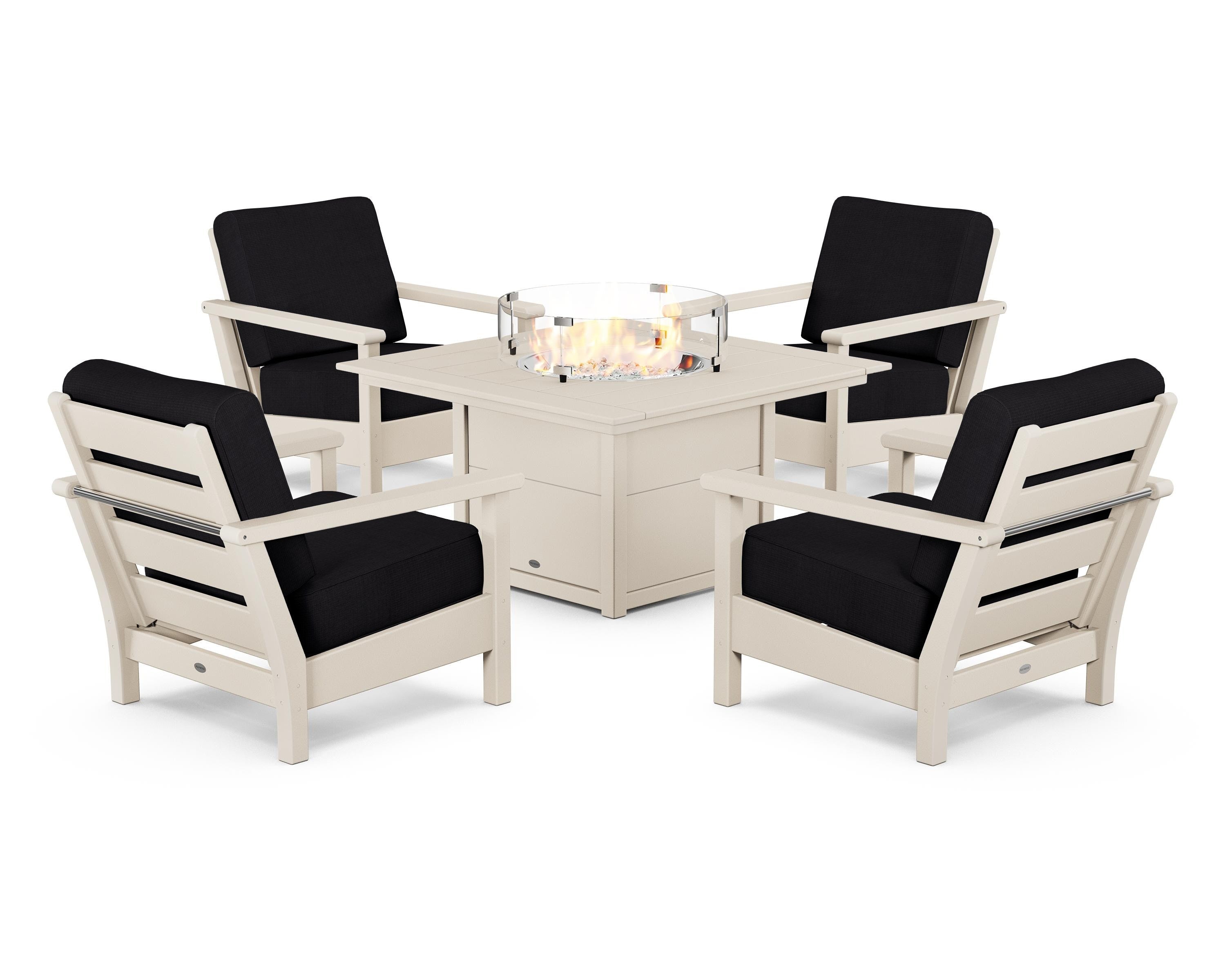 POLYWOOD® Harbour 5-Piece Conversation Set with Fire Pit Table in Sand / Midnight Linen