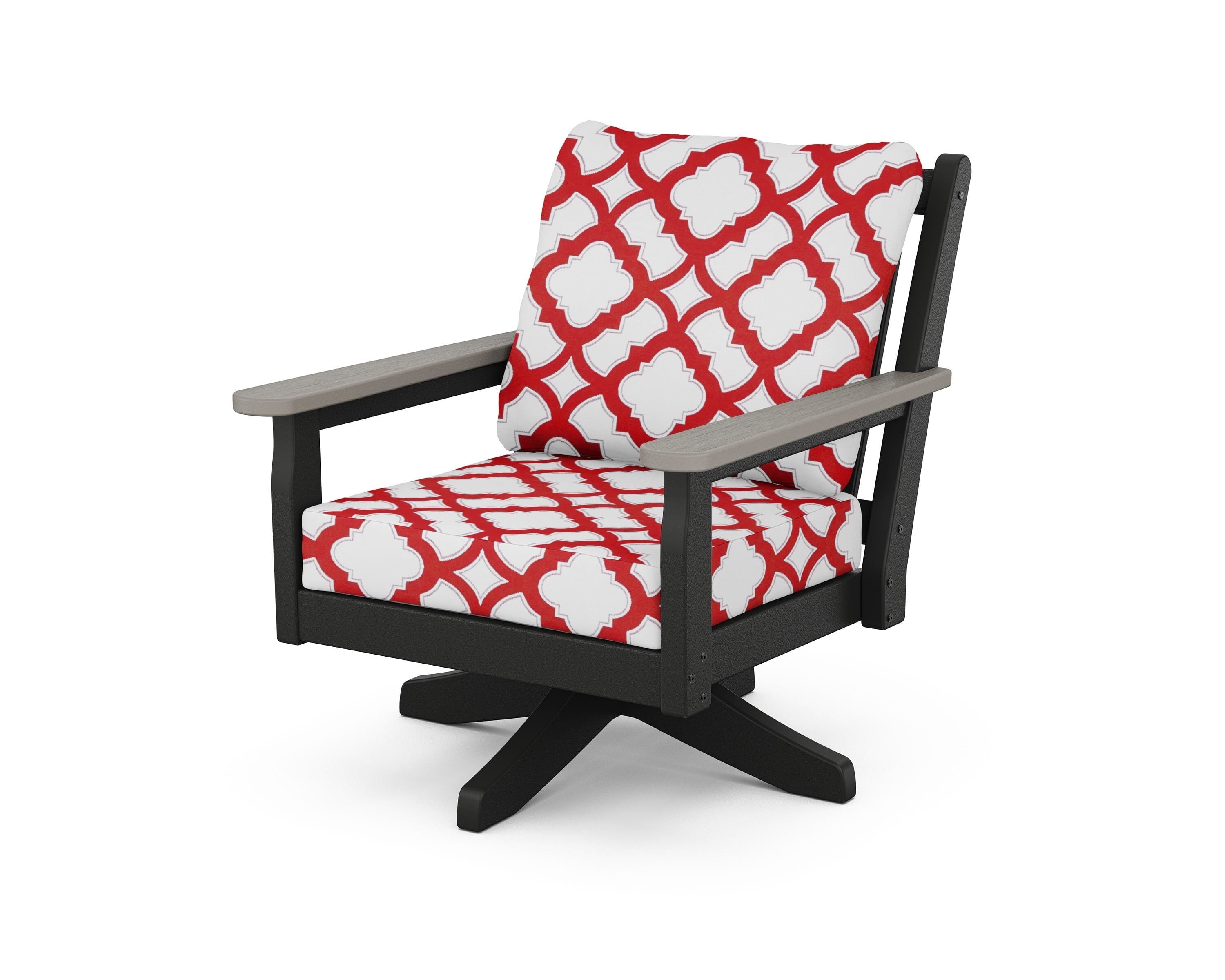POLYWOOD® Chippendale Deep Seating Swivel Chair in Black / Driftwood / Trellis Crimson