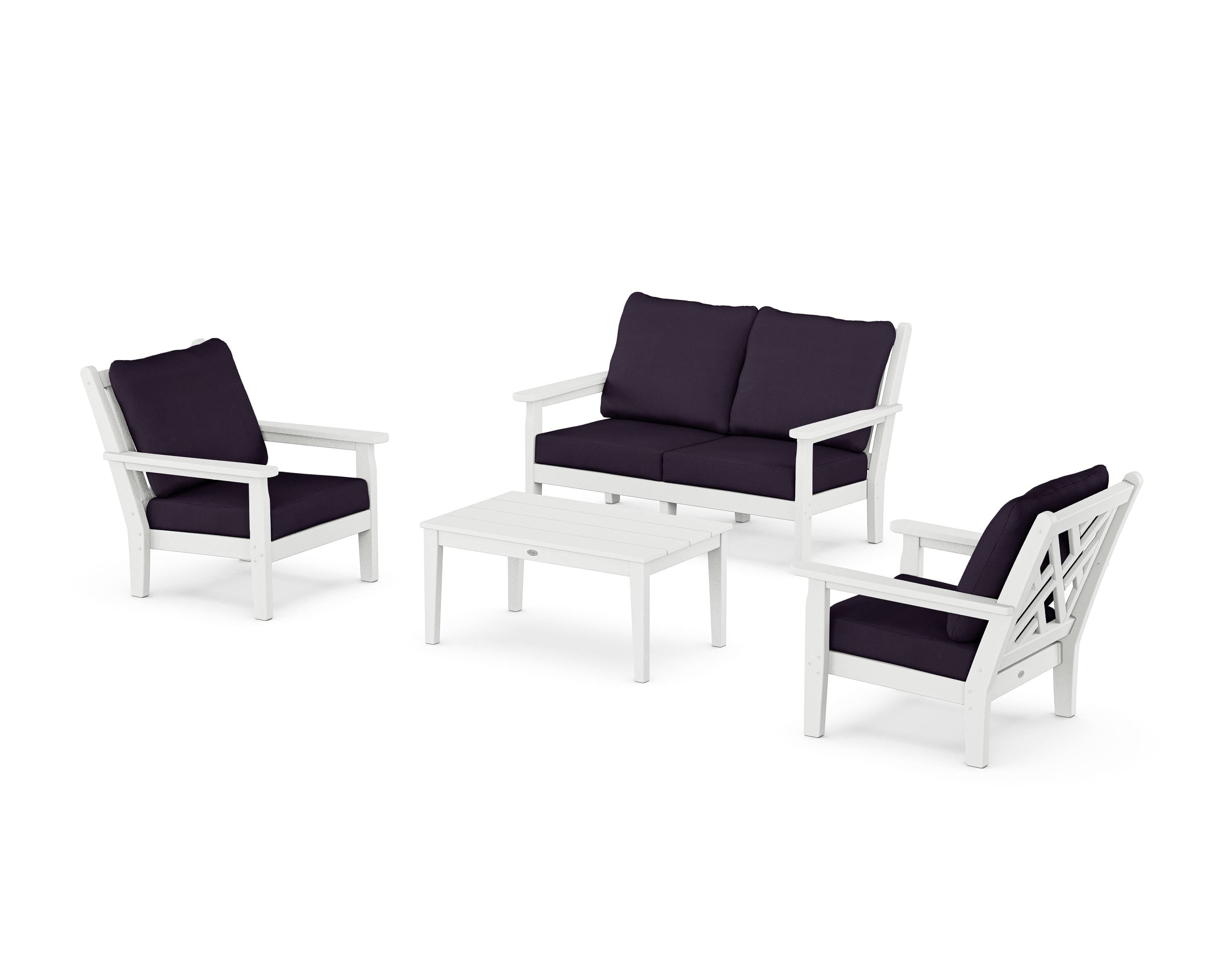 POLYWOOD® Chippendale 4-Piece Deep Seating Set with Loveseat in White / Navy Linen