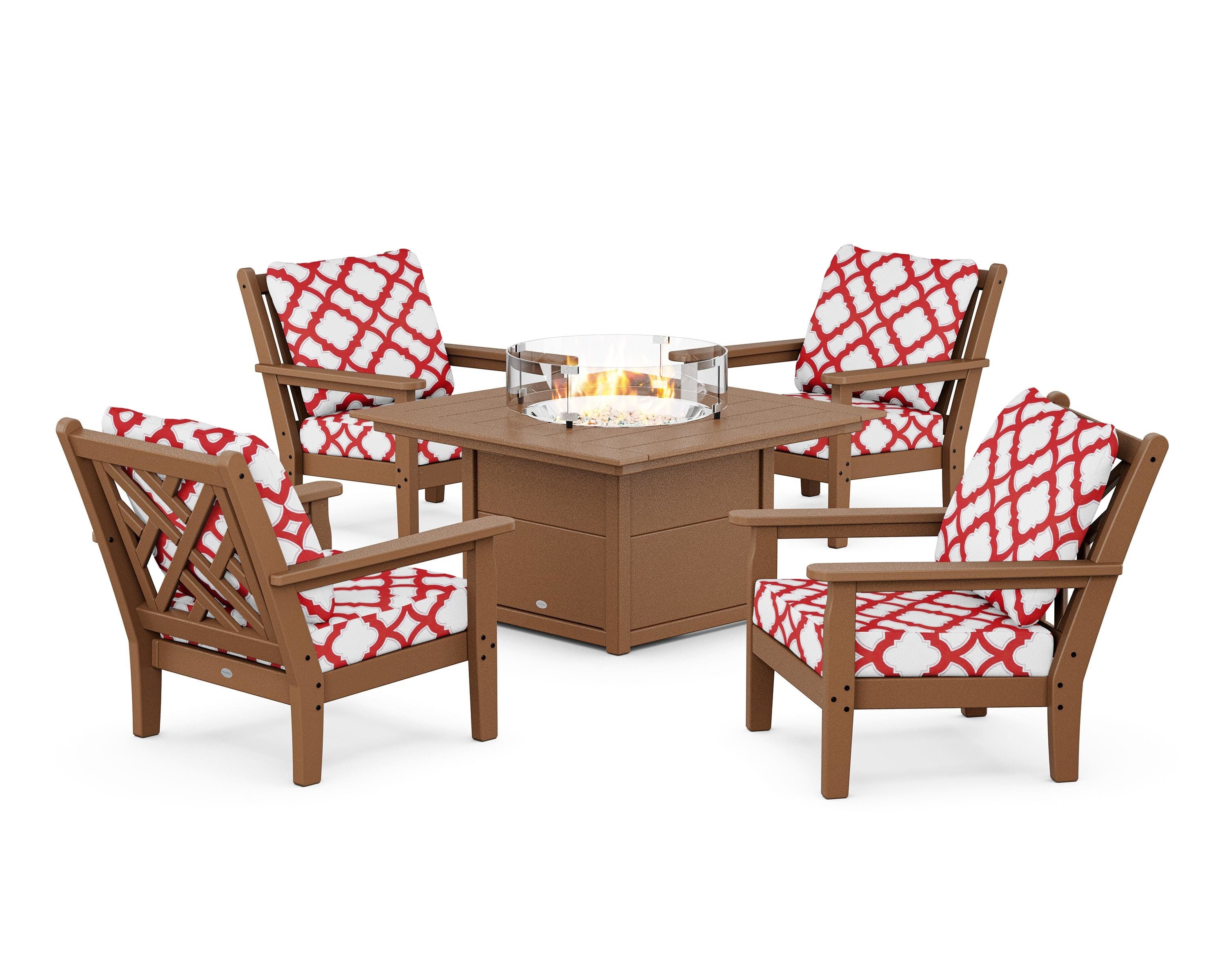 POLYWOOD® Chippendale 5-Piece Deep Seating Set with Fire Pit Table in Teak / Trellis Crimson