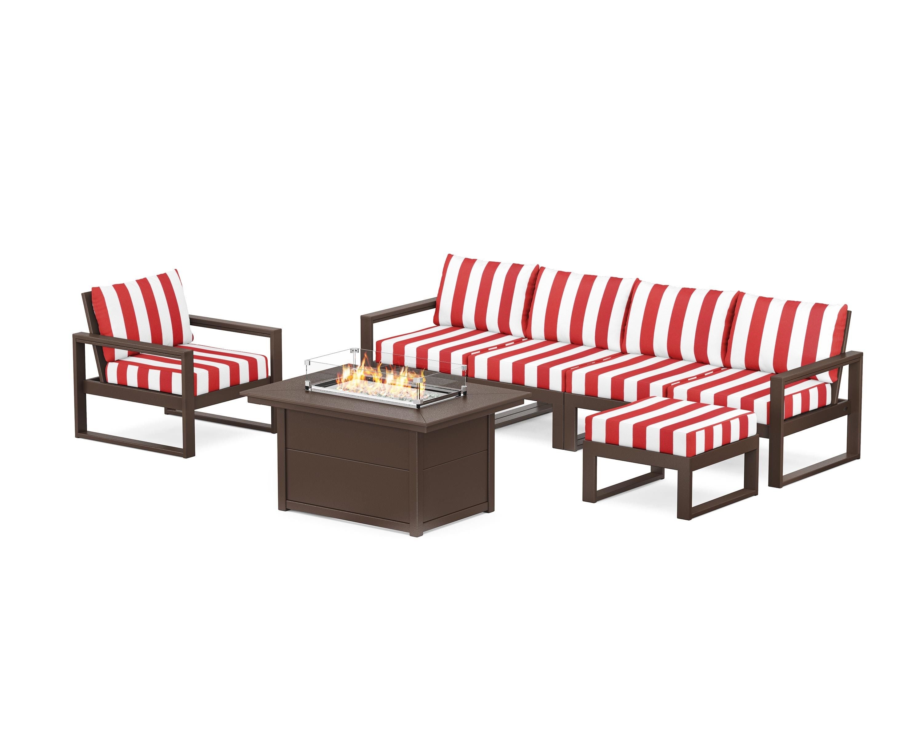 POLYWOOD® EDGE Sectional Lounge and Fire Pit Set in Mahogany / Cabana Stripe Crimson