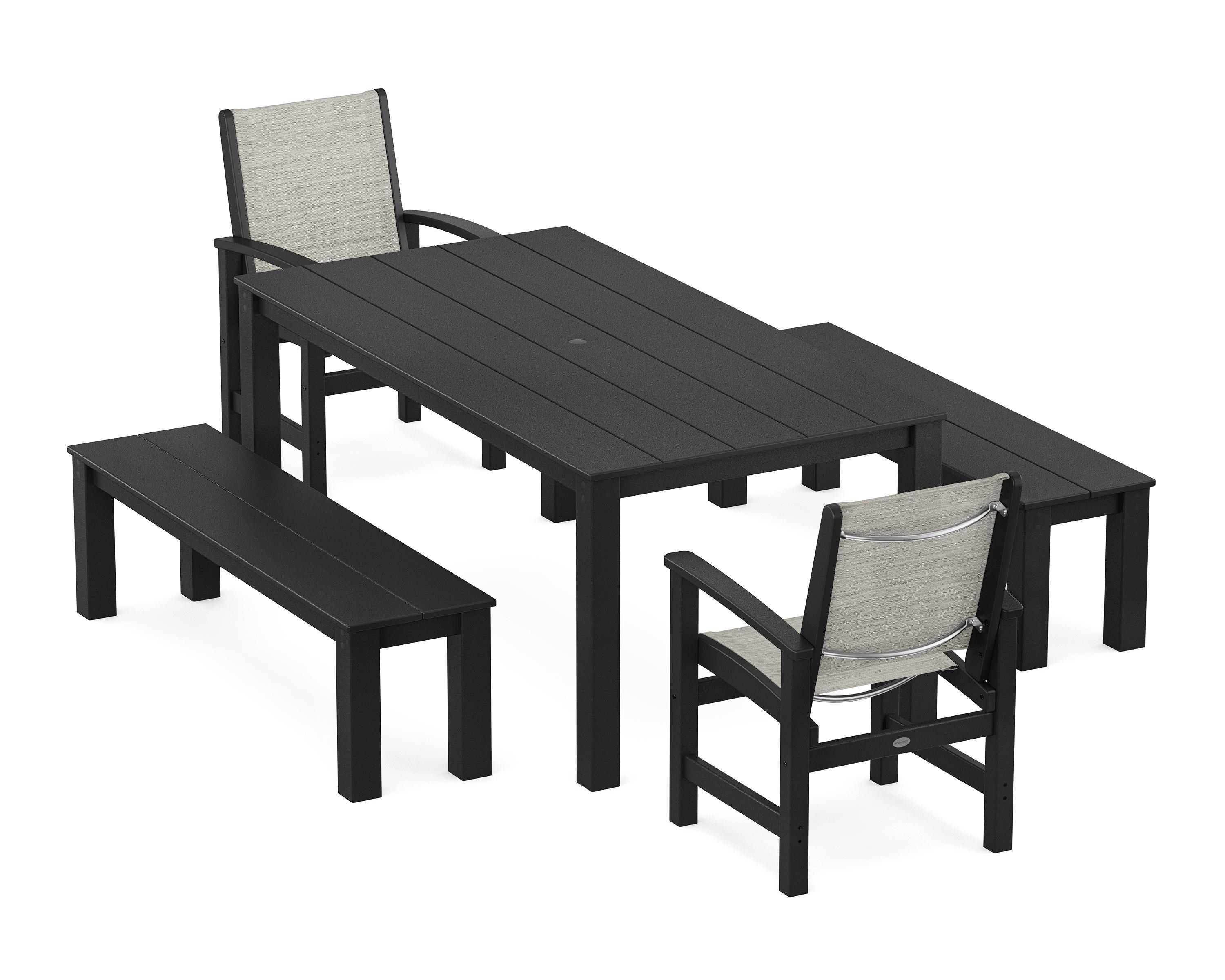 POLYWOOD® Coastal 5-Piece Parsons Dining Set with Benches in Black / Birch Sling