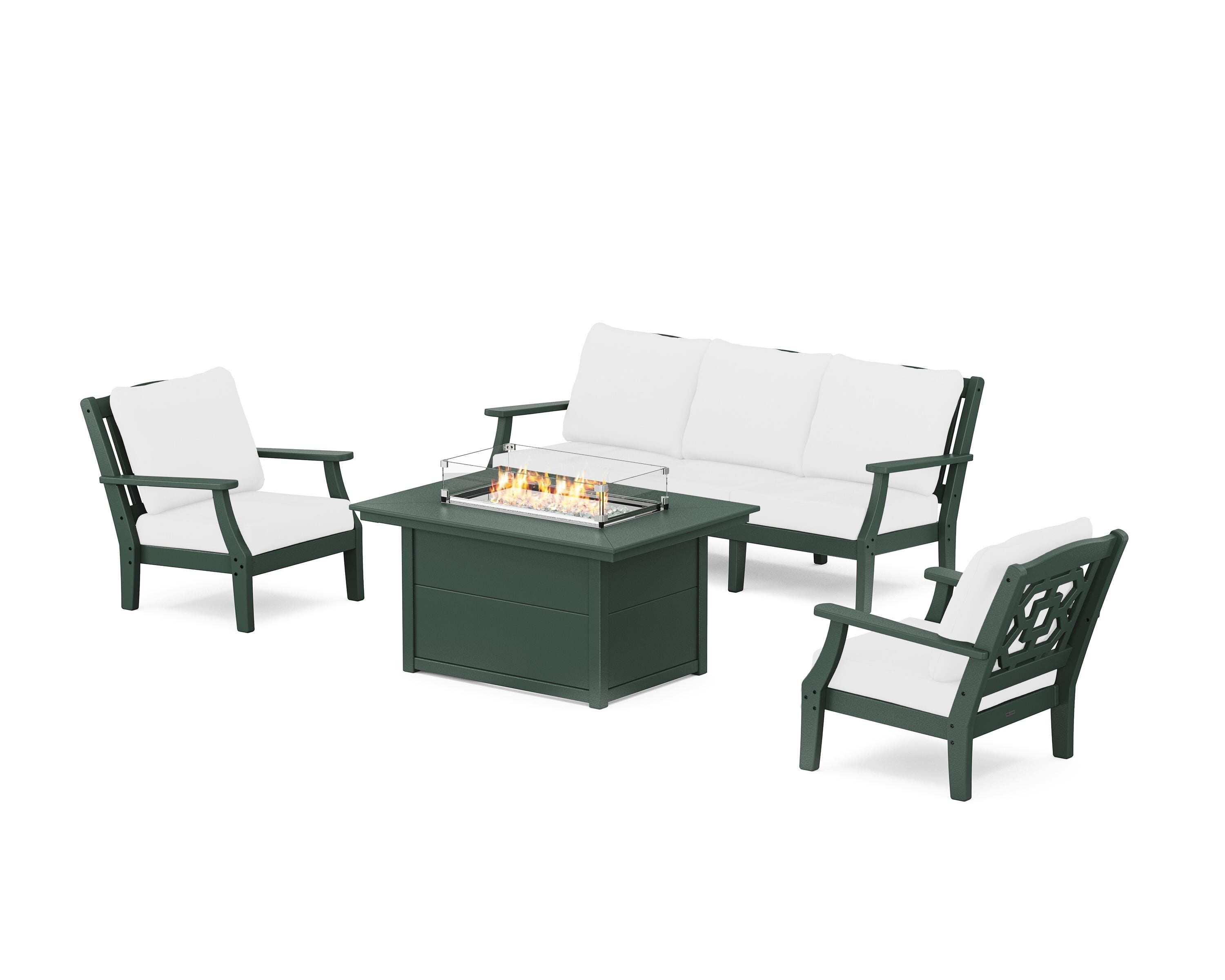 Martha Stewart by POLYWOOD® Chinoiserie Deep Seating Fire Pit Table Set in Green / Natural