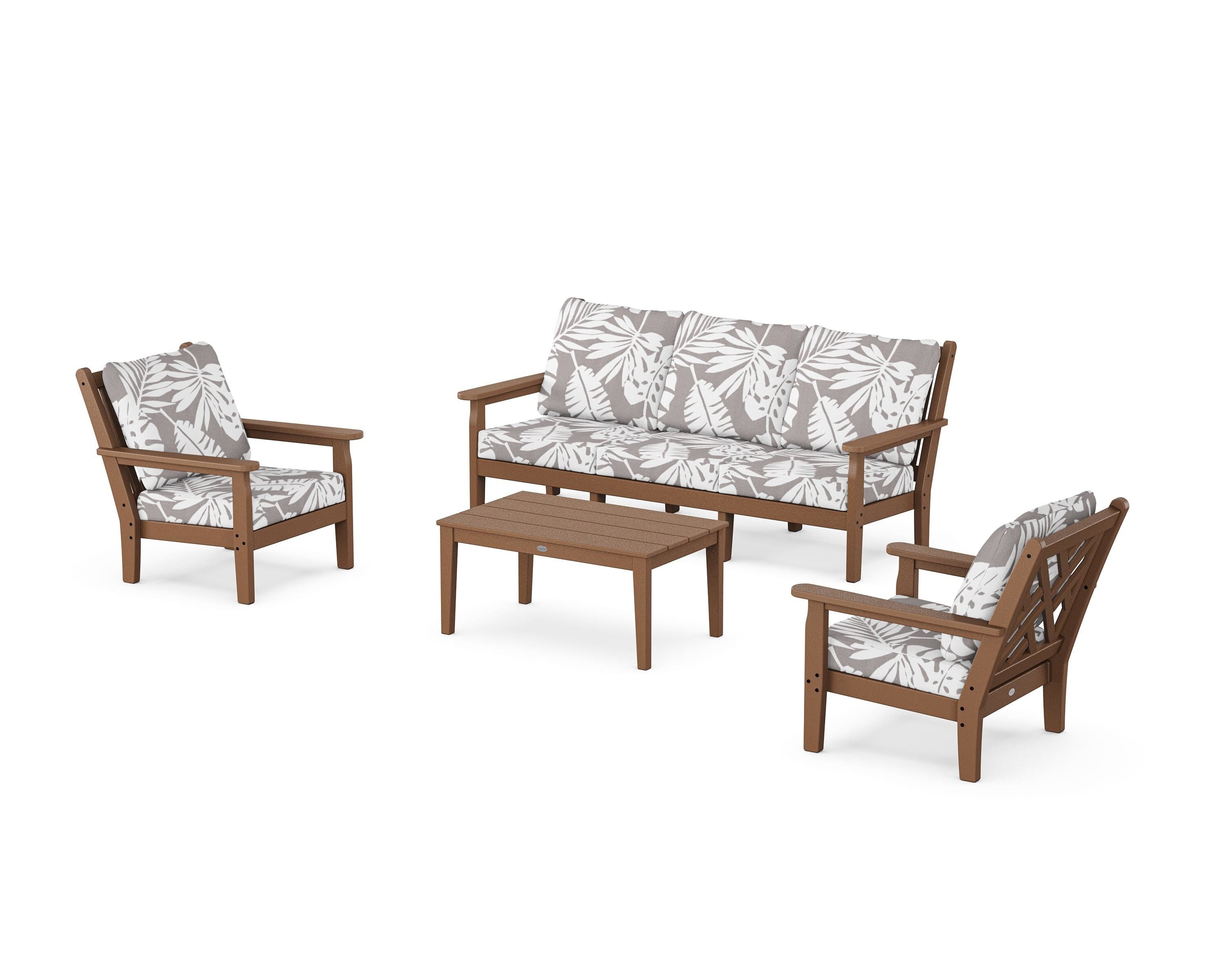 POLYWOOD® Chippendale 4-Piece Deep Seating Set with Sofa in Teak / Leaf Grey Mist