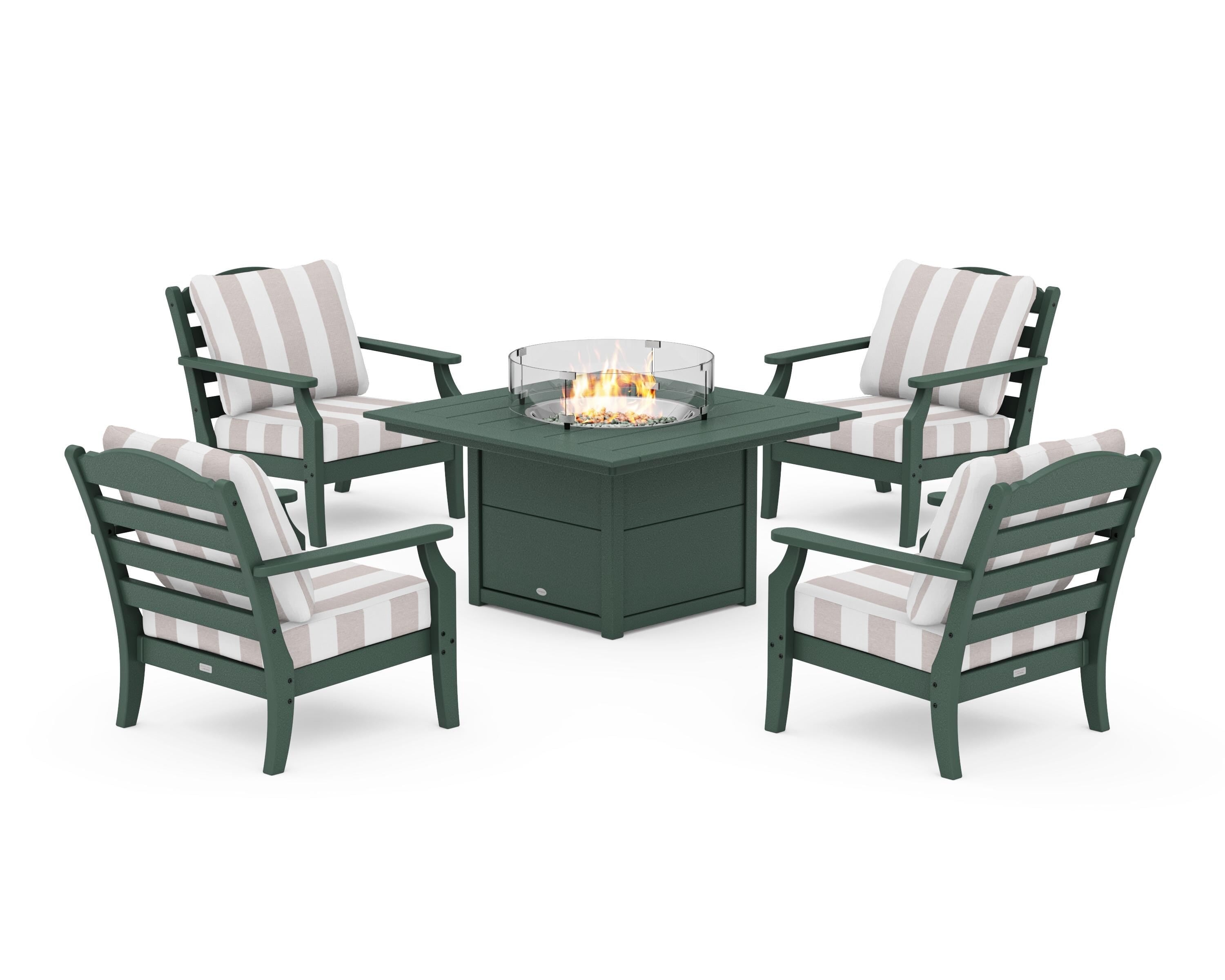 Draper James™ by POLYWOOD® Savannah 5-Piece Deep Seating Set with Fire Pit Table in Green / Cabana Stripe Dune Burlap