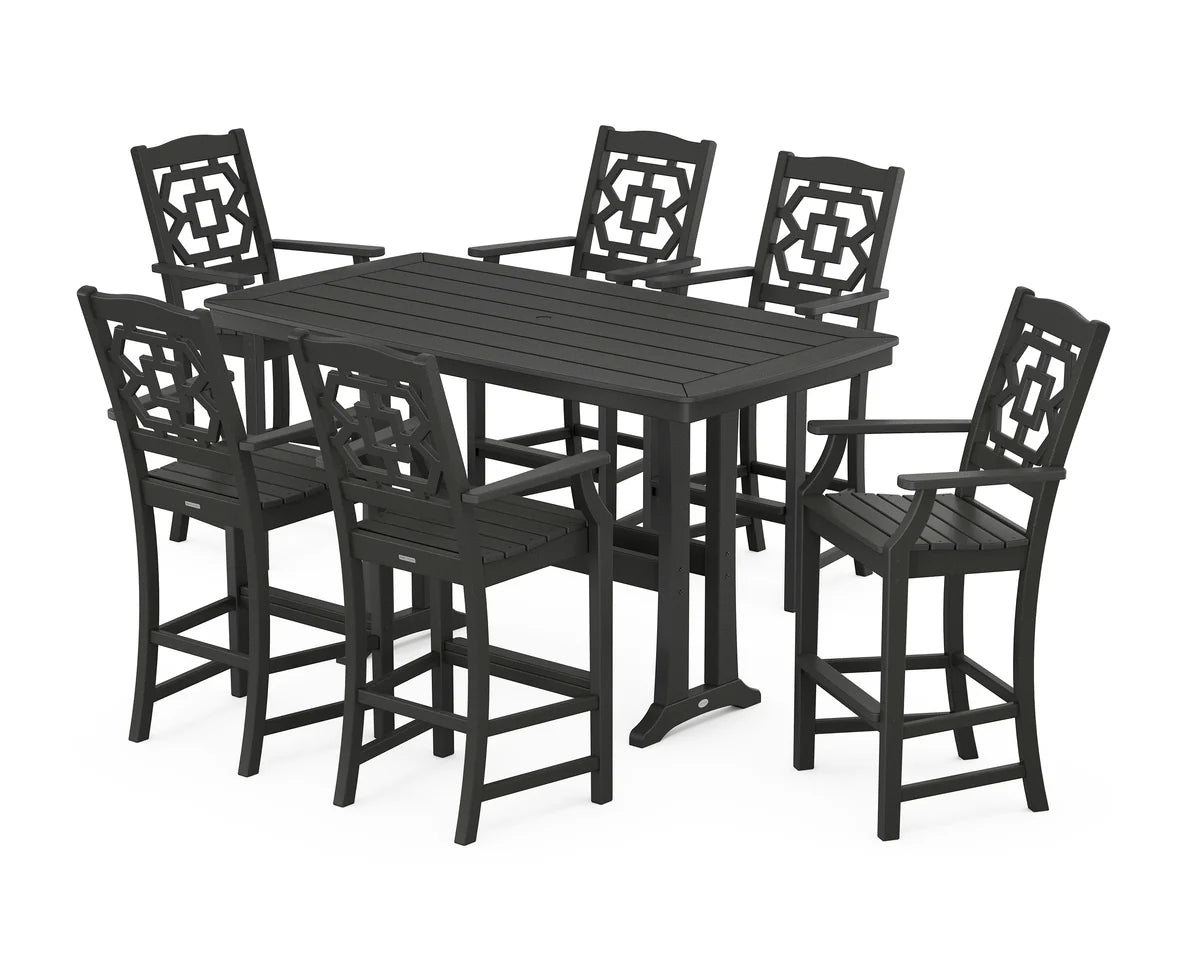 Chinoiserie Arm Chair 7-Piece Bar Set with Trestle Legs