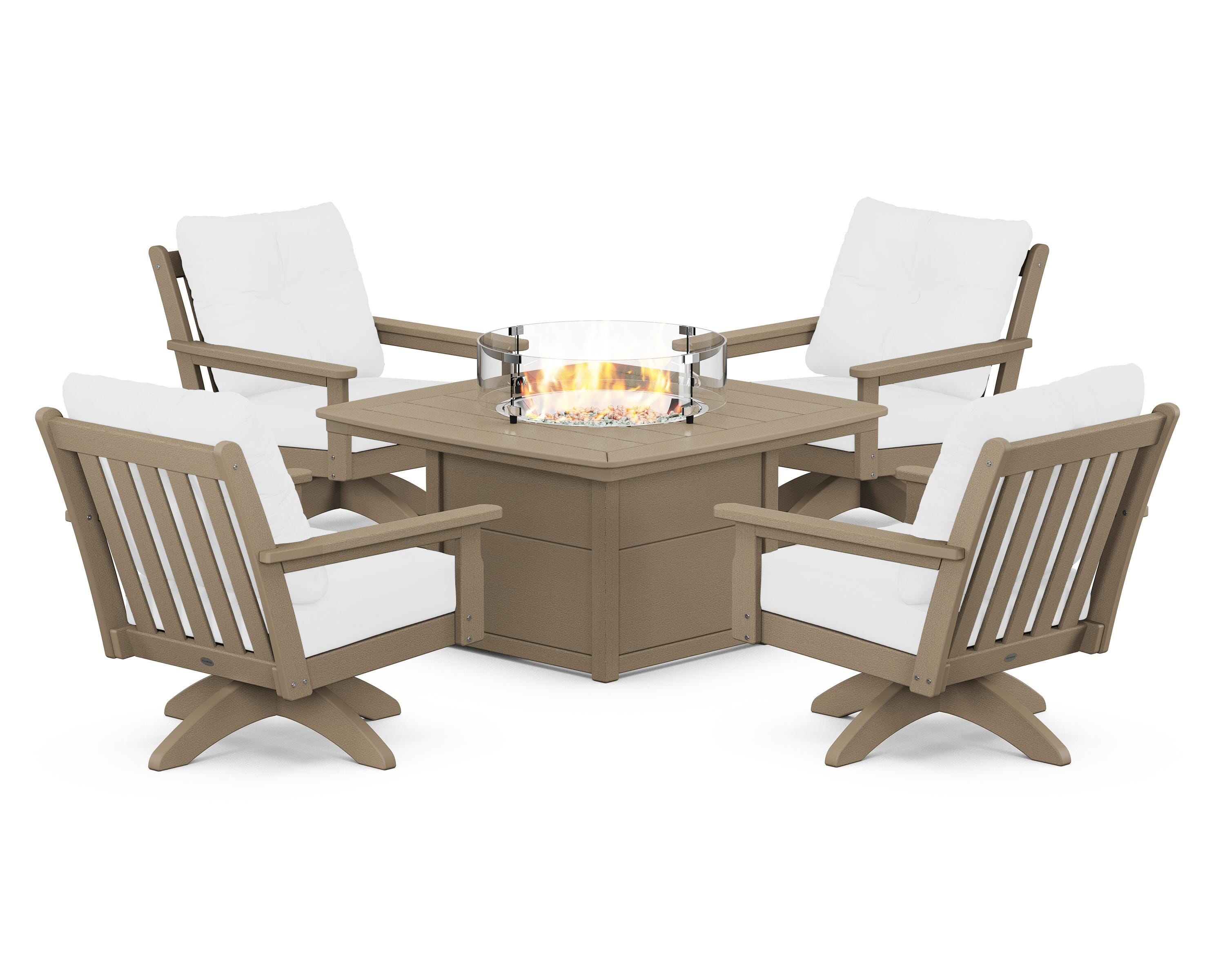 POLYWOOD® Vineyard 5-Piece Deep Seating Swivel Conversation Set with Fire Pit Table in Vintage Sahara / Natural