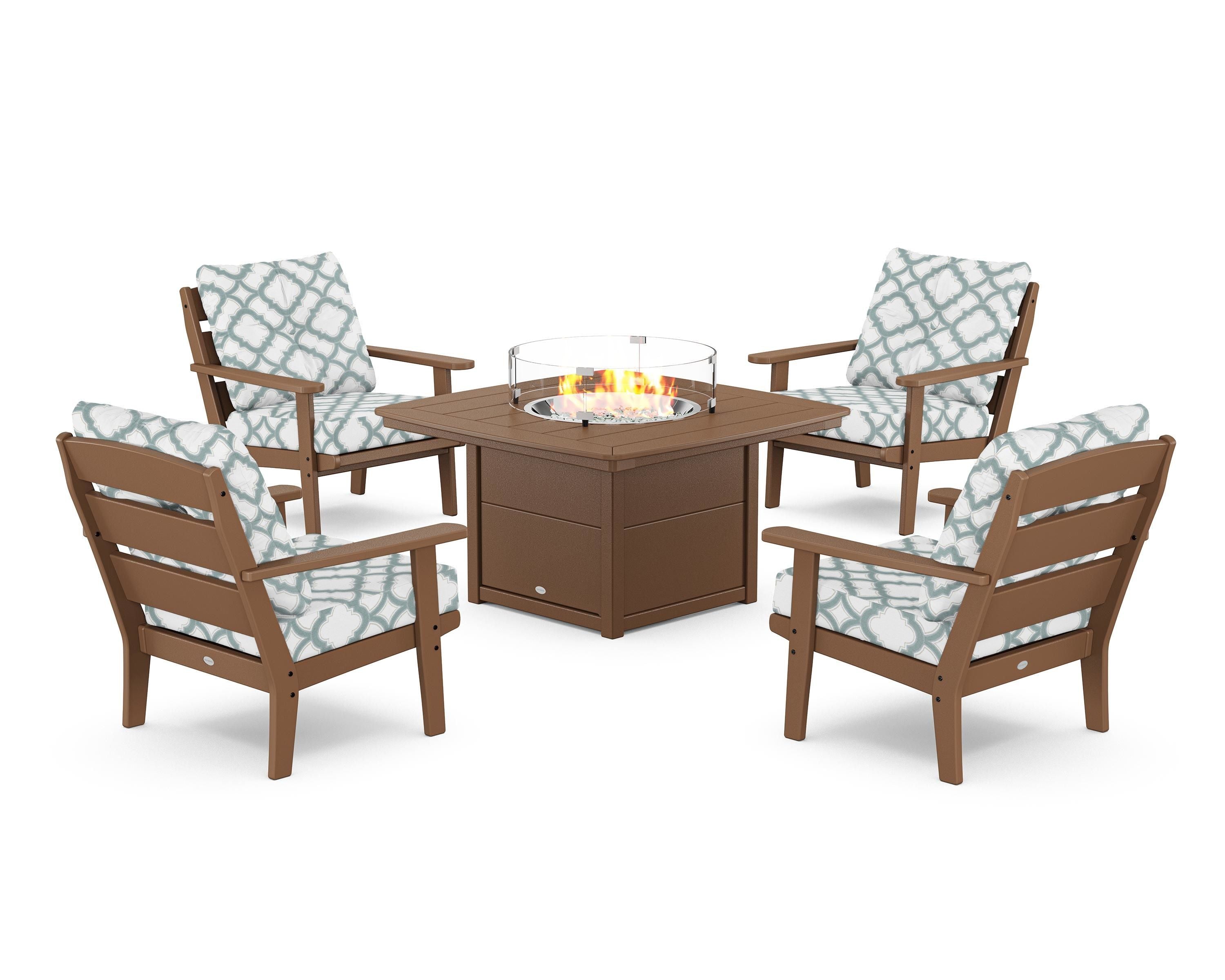 POLYWOOD® Lakeside 5-Piece Deep Seating Set with Nautical Fire Pit Table in Teak / Trellis Glacier Spa