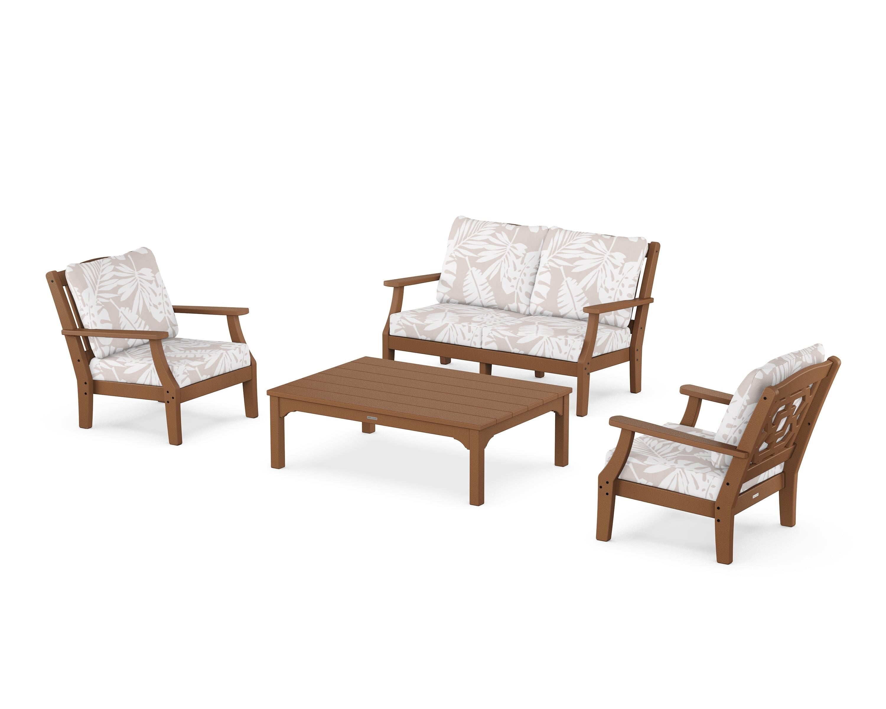 Martha Stewart by POLYWOOD® Chinoiserie 4-Piece Deep Seating Set with Loveseat in Teak / Leaf Dune Burlap